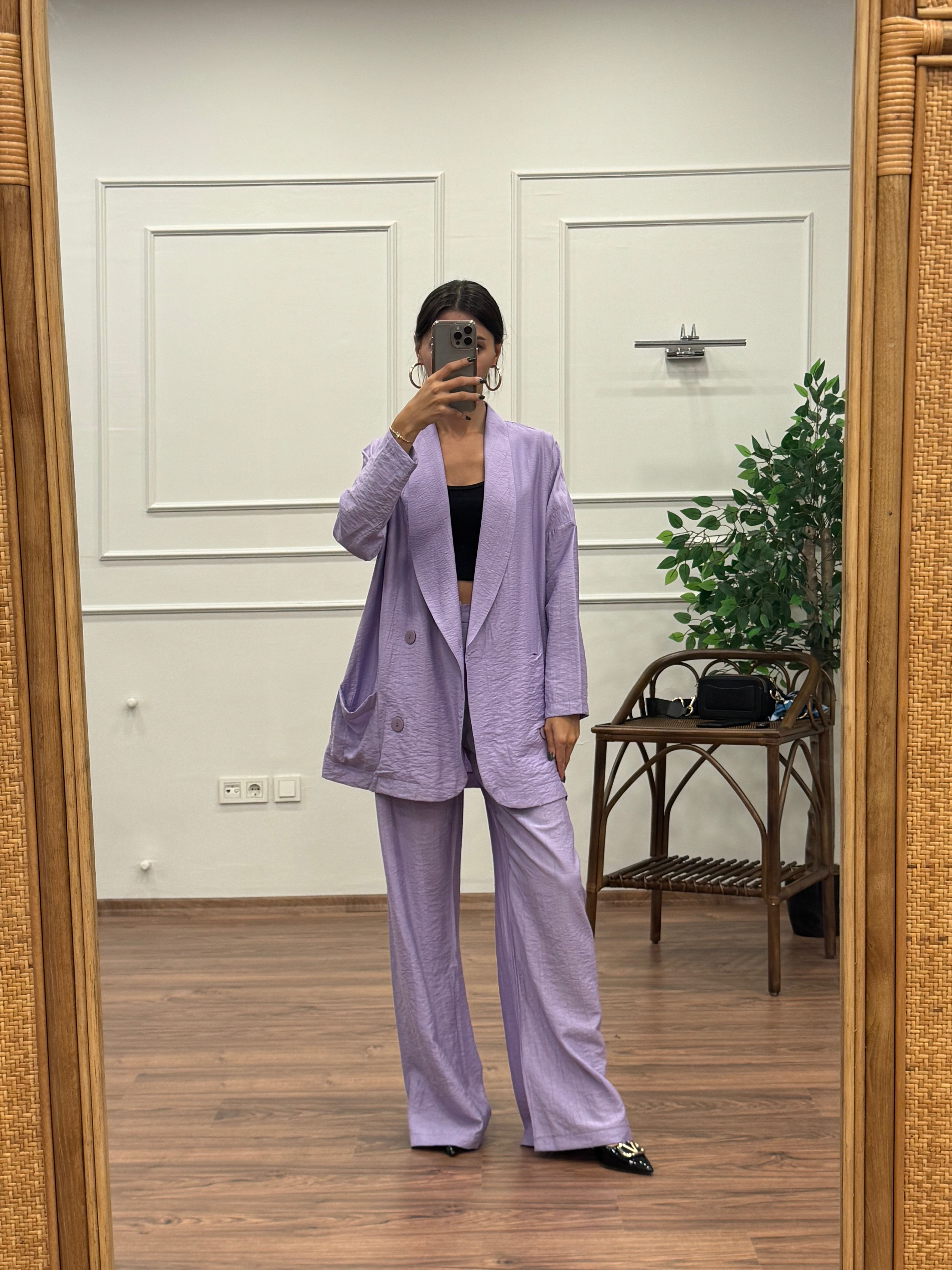 Müslin Blazer Ceket Pantolon Mor Takım