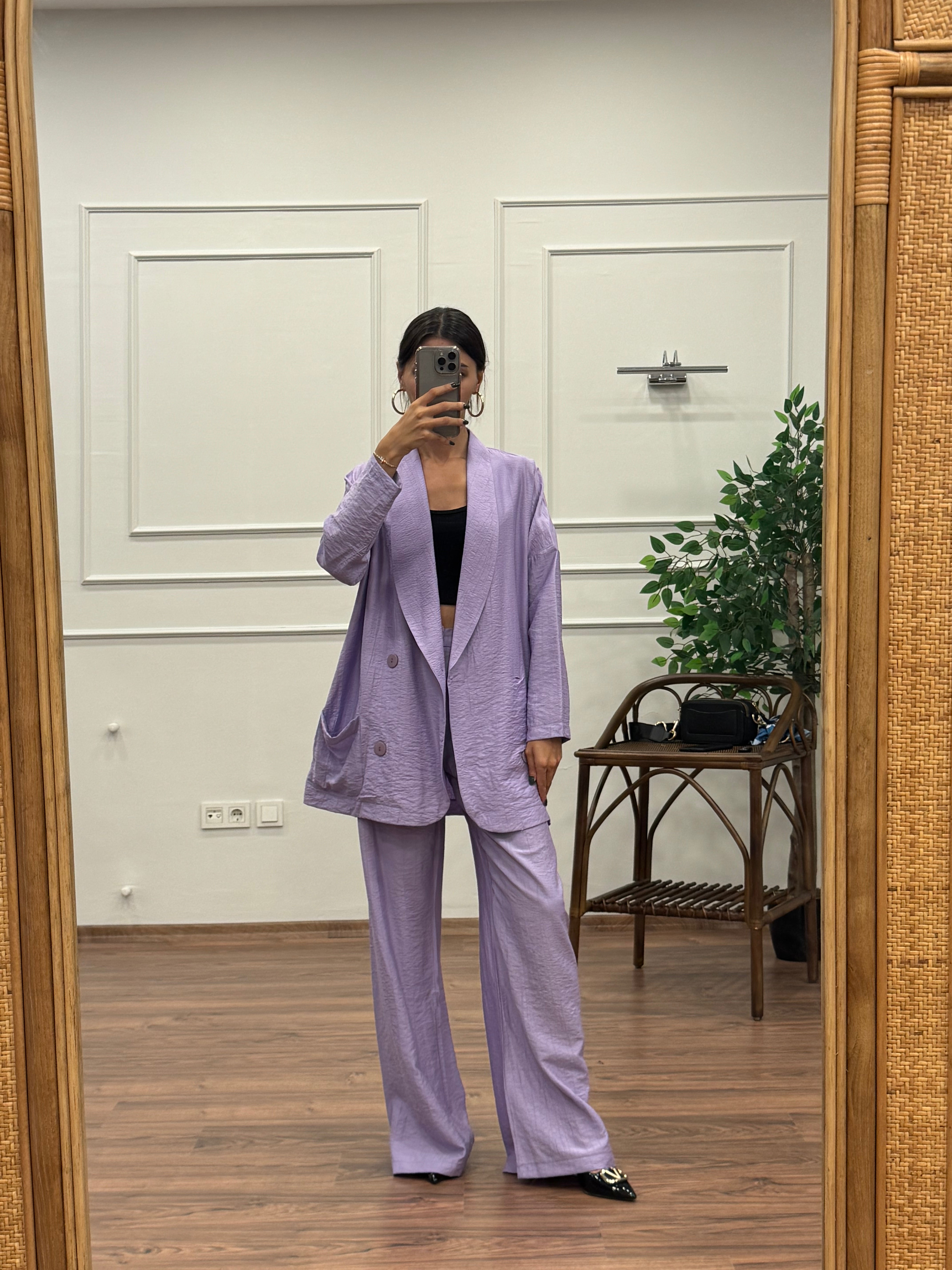 Müslin Blazer Ceket Pantolon Mor Takım