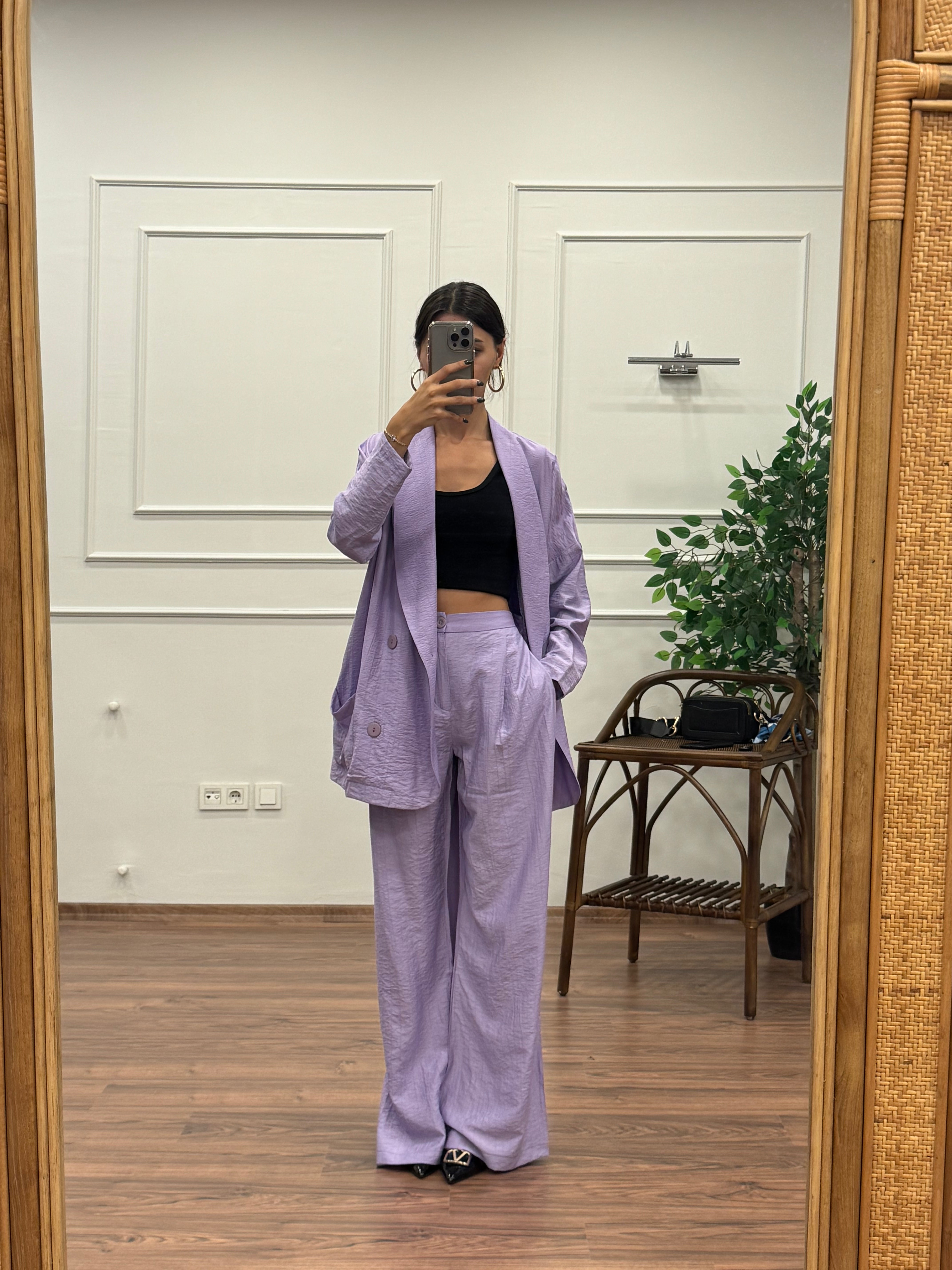 Müslin Blazer Ceket Pantolon Mor Takım