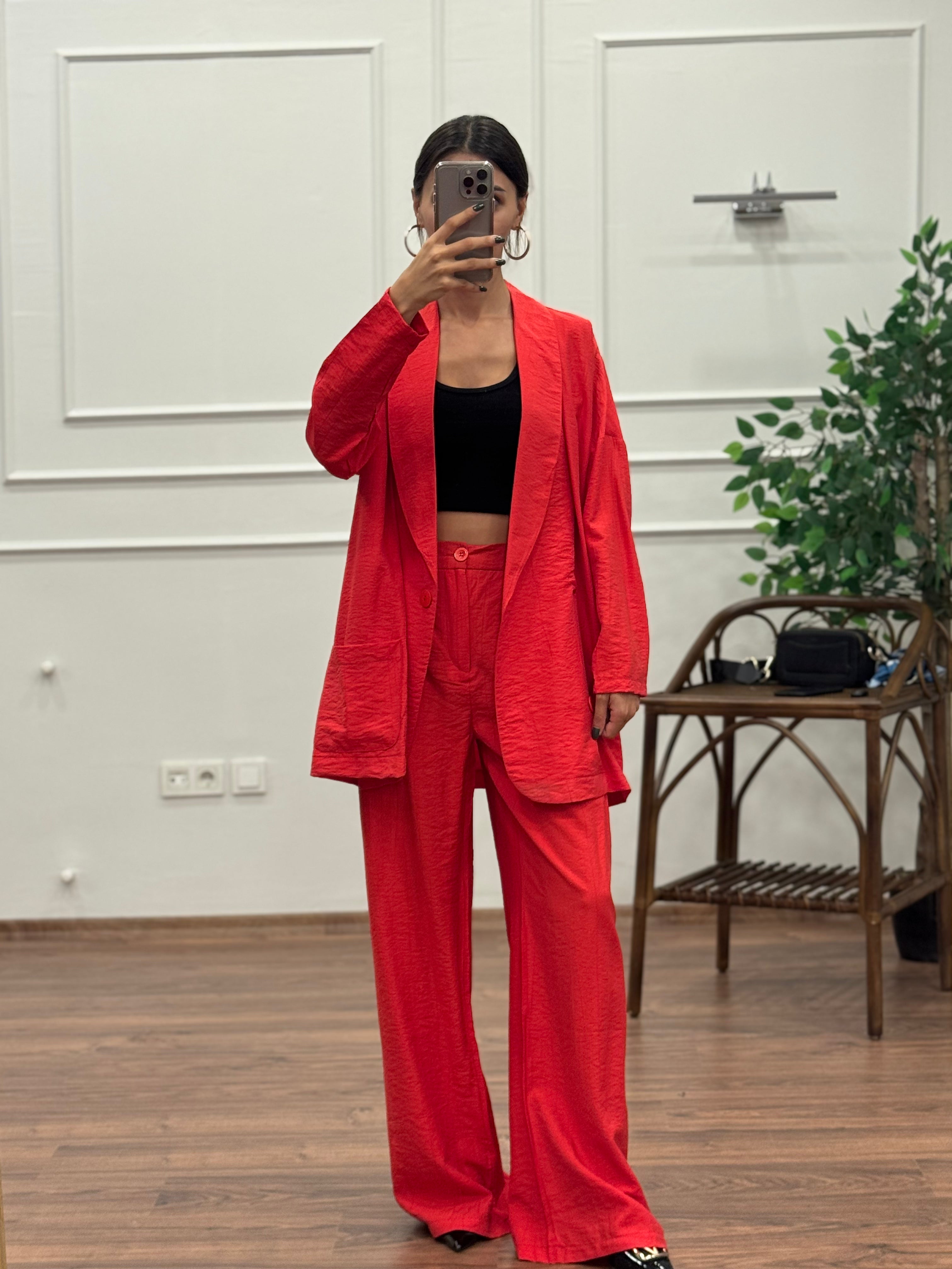 Müslin Blazer Ceket Pantolon Kırmızı Takım