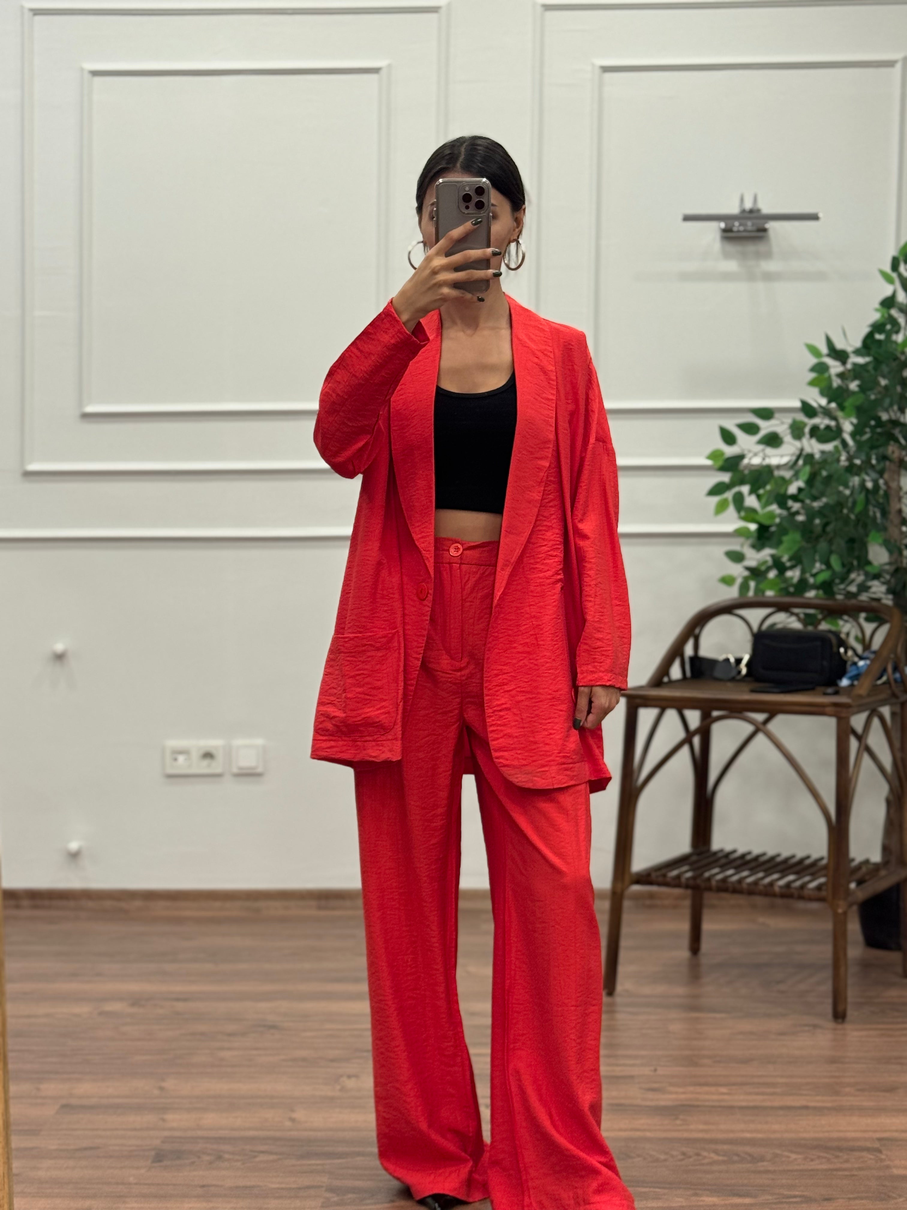 Müslin Blazer Ceket Pantolon Kırmızı Takım