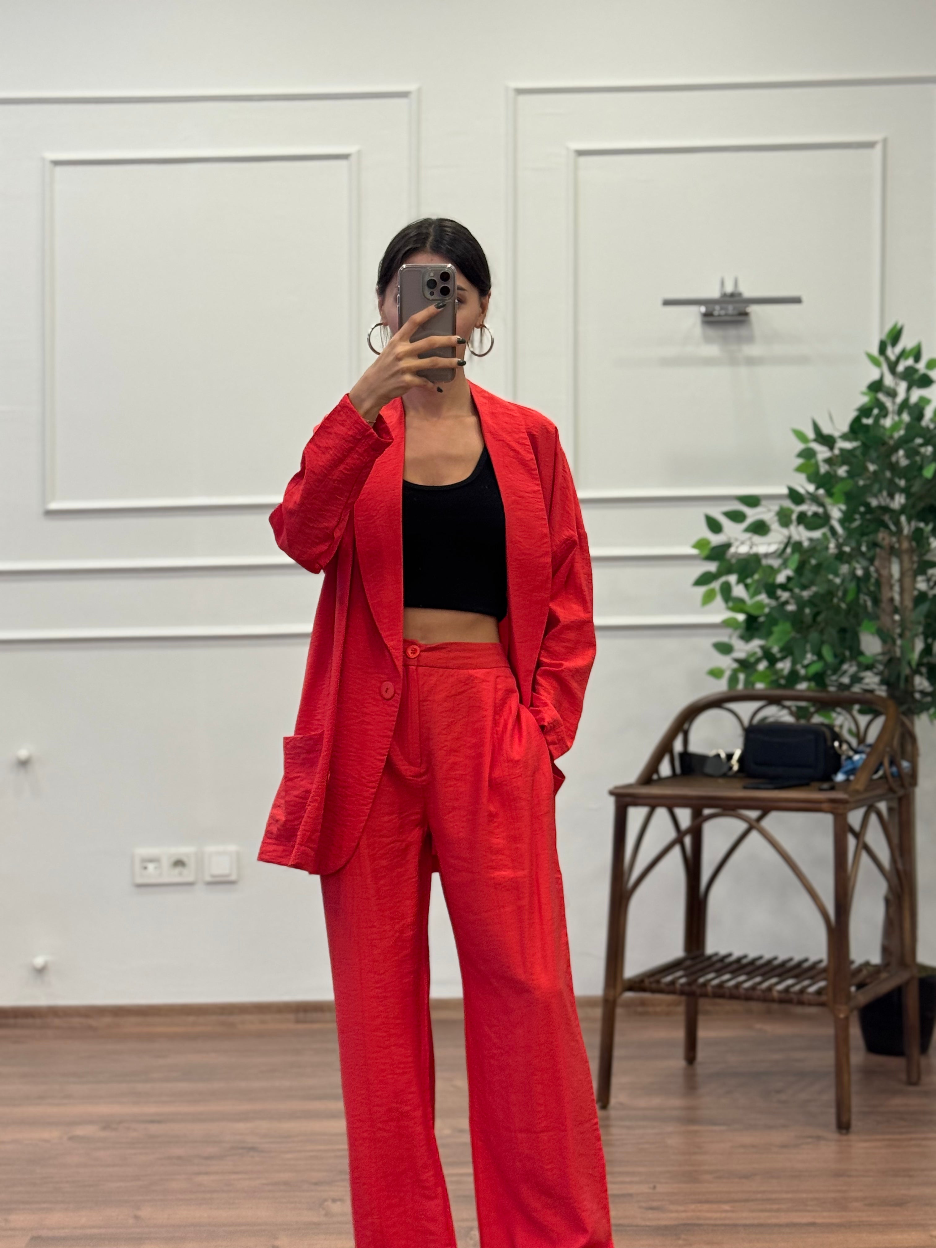 Müslin Blazer Ceket Pantolon Kırmızı Takım