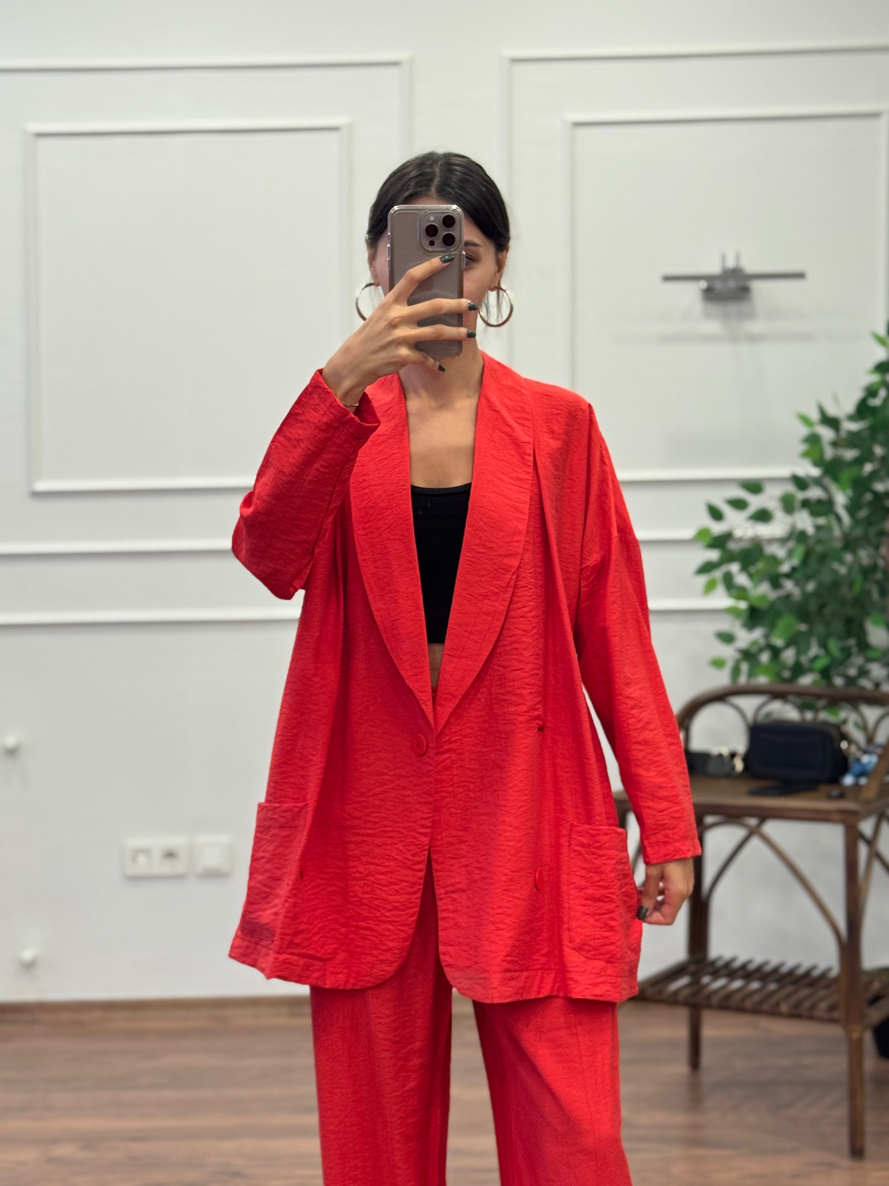 Müslin Blazer Ceket Pantolon Kırmızı Takım