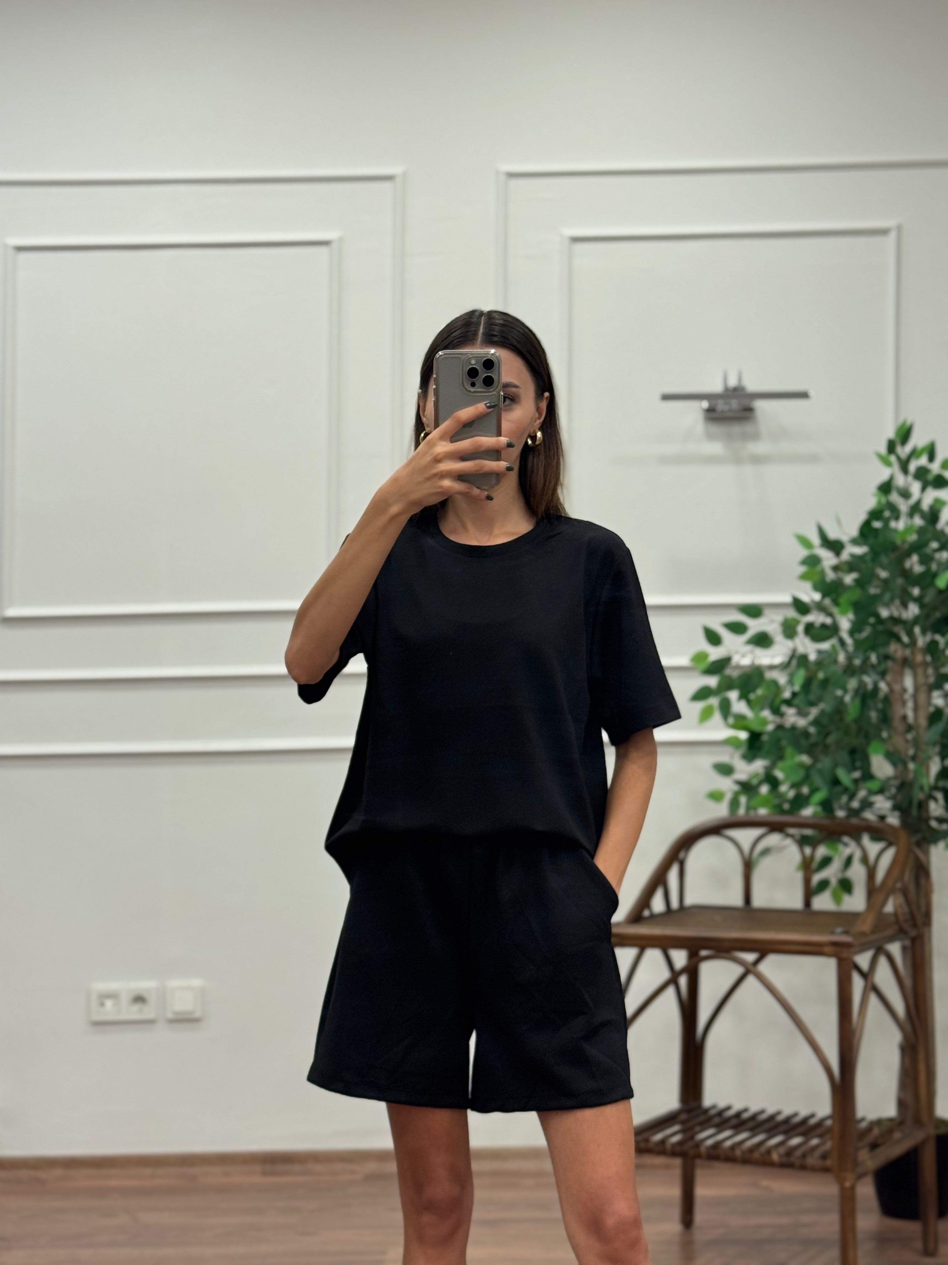 Modal Kumaş Oversize Bluz Şortlu Takım Siyah