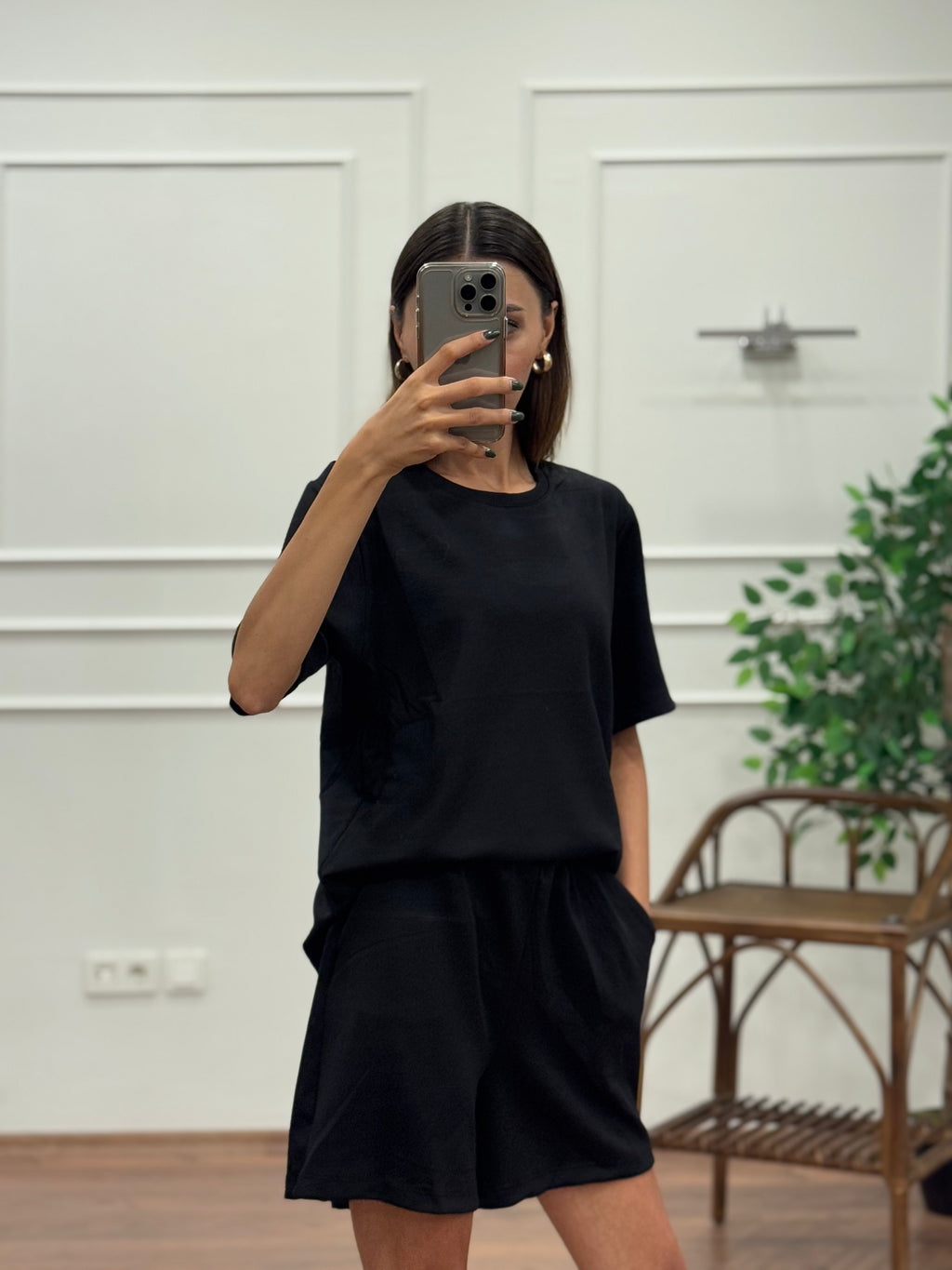 Modal Kumaş Oversize Bluz Şortlu Takım Siyah