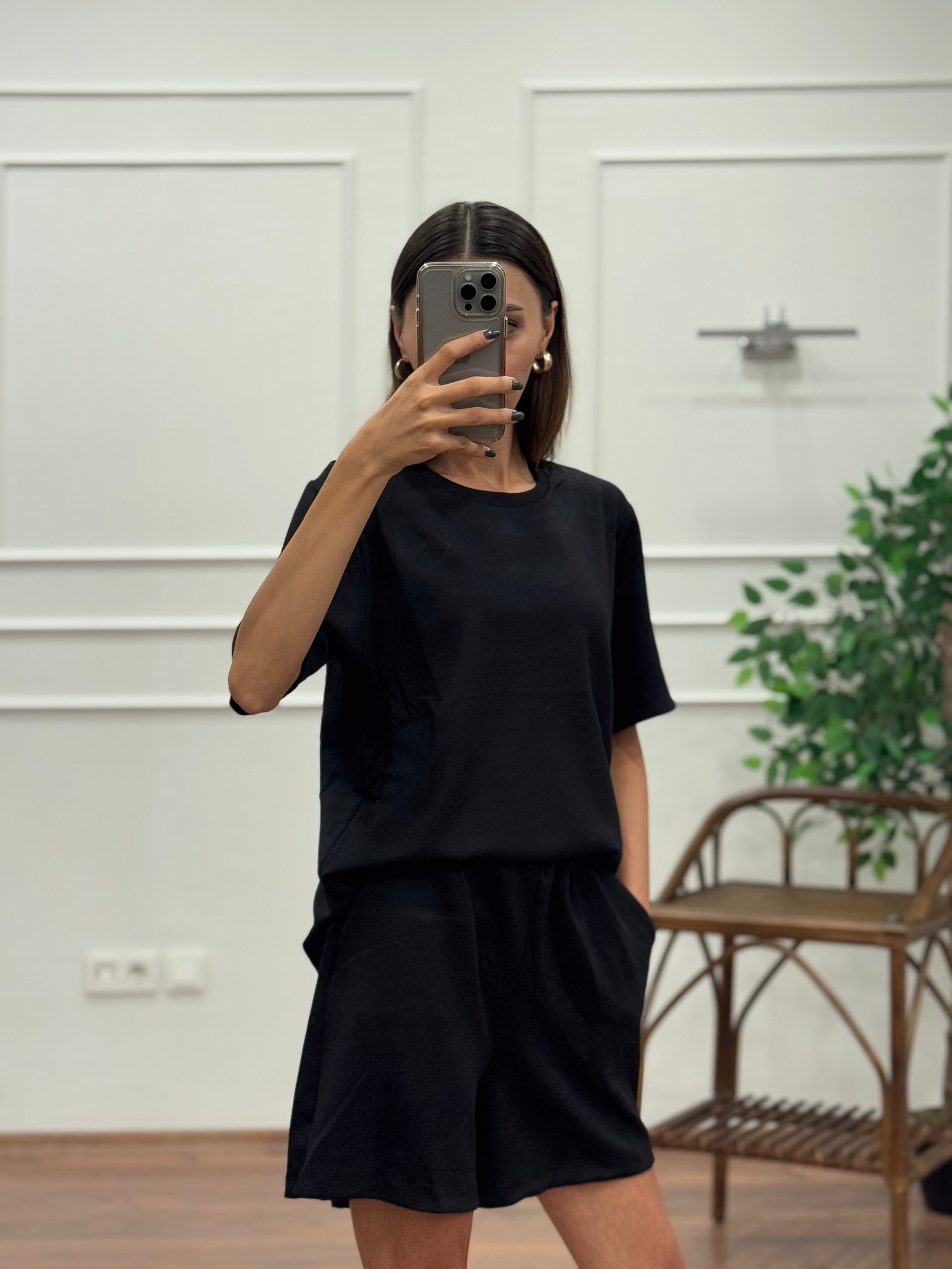 Modal Kumaş Oversize Bluz Şortlu Takım Siyah