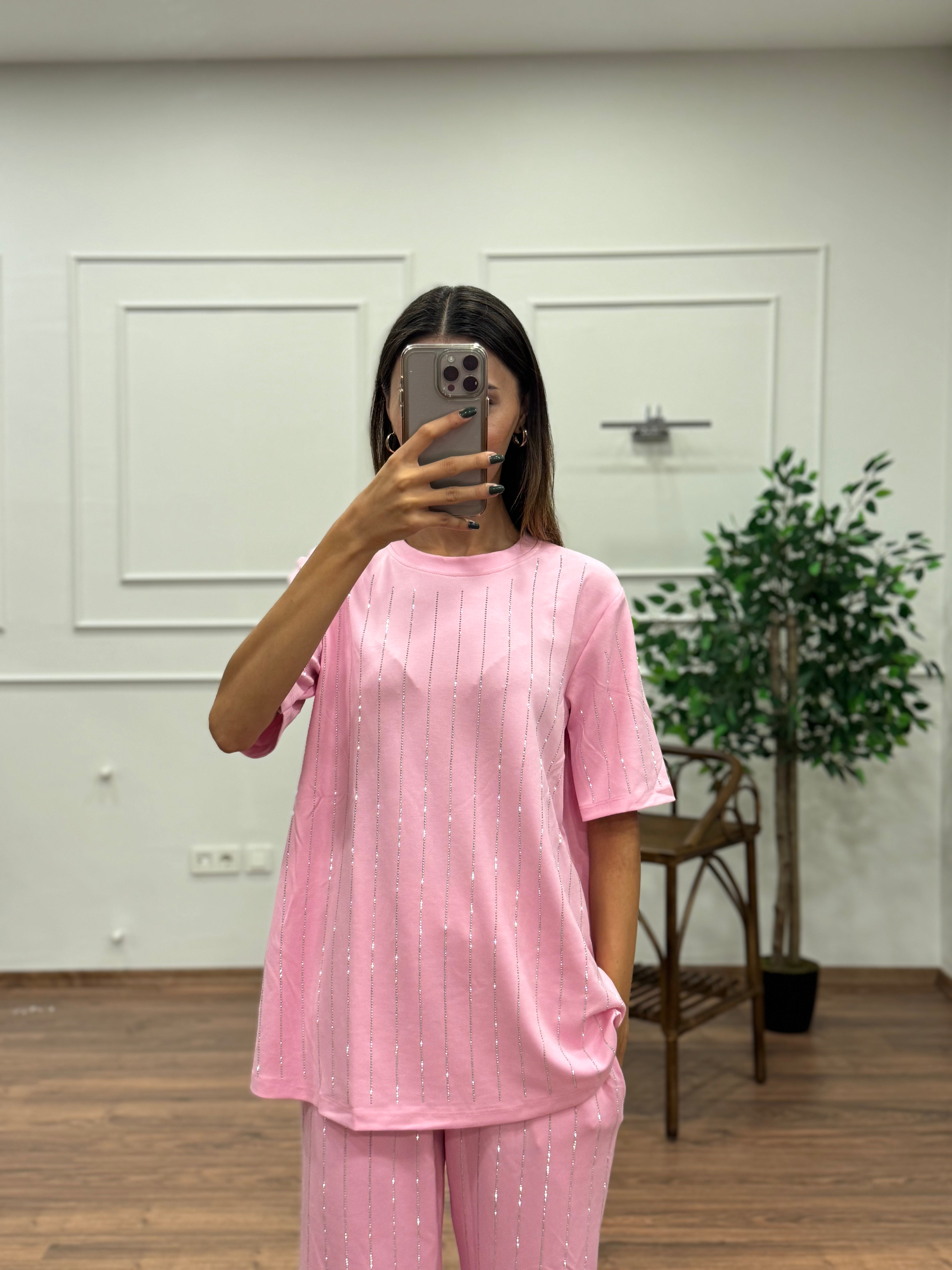 Oys Çizgi Desen Taş Baskı Pembe Bluz Pantolon Takım