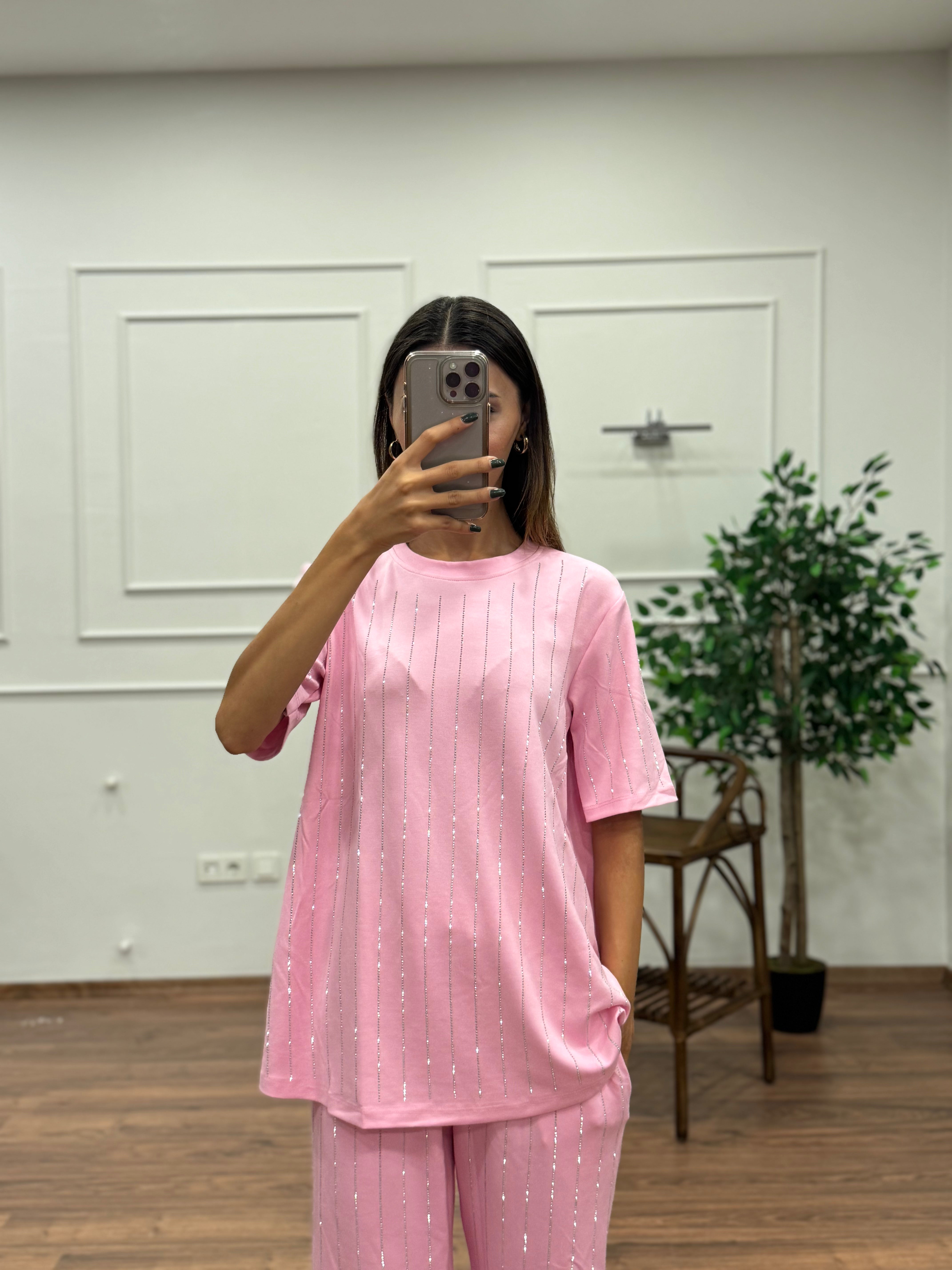 Oys Çizgi Desen Taş Baskı Pembe Bluz Pantolon Takım