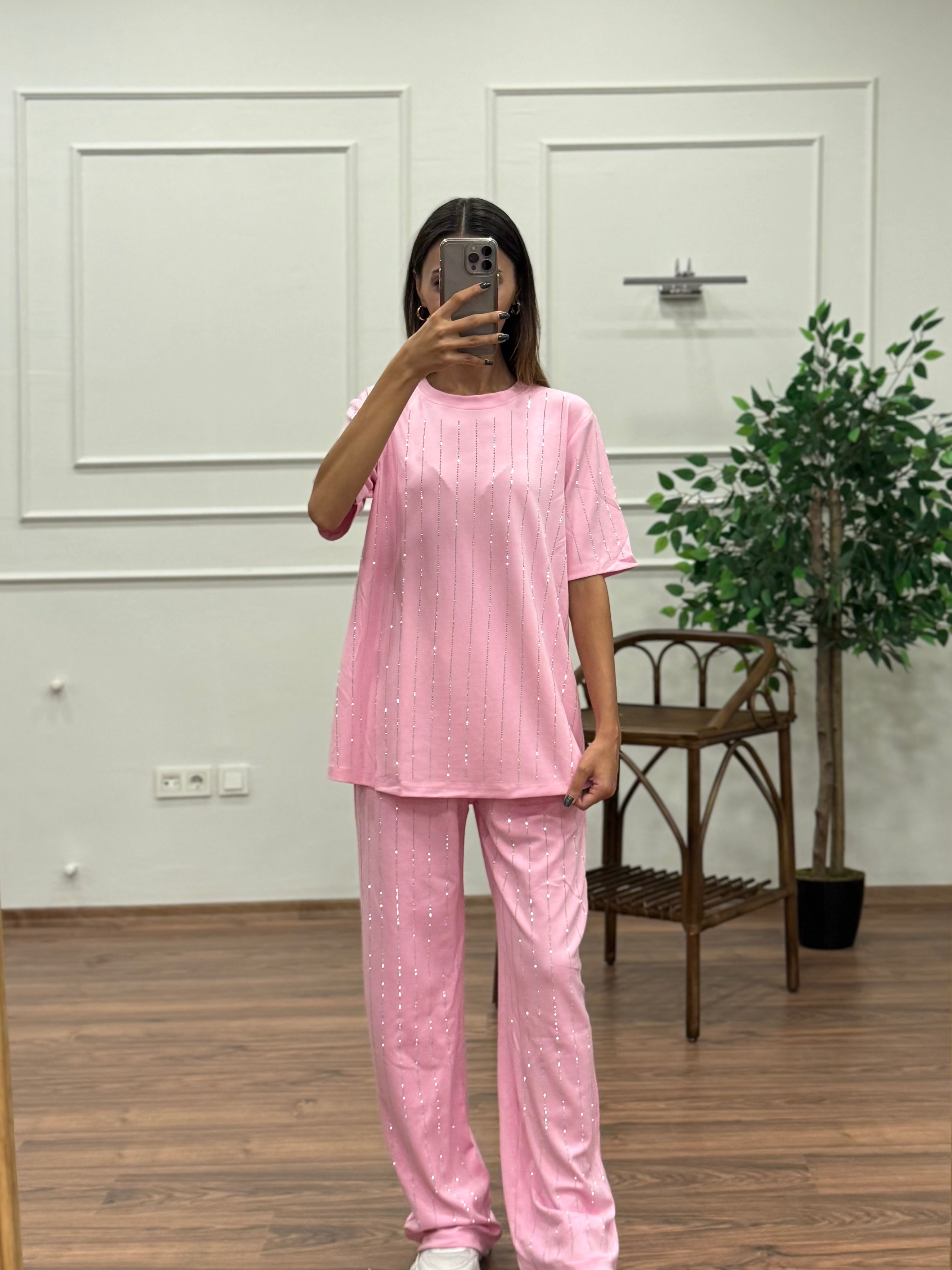 Oys Çizgi Desen Taş Baskı Pembe Bluz Pantolon Takım