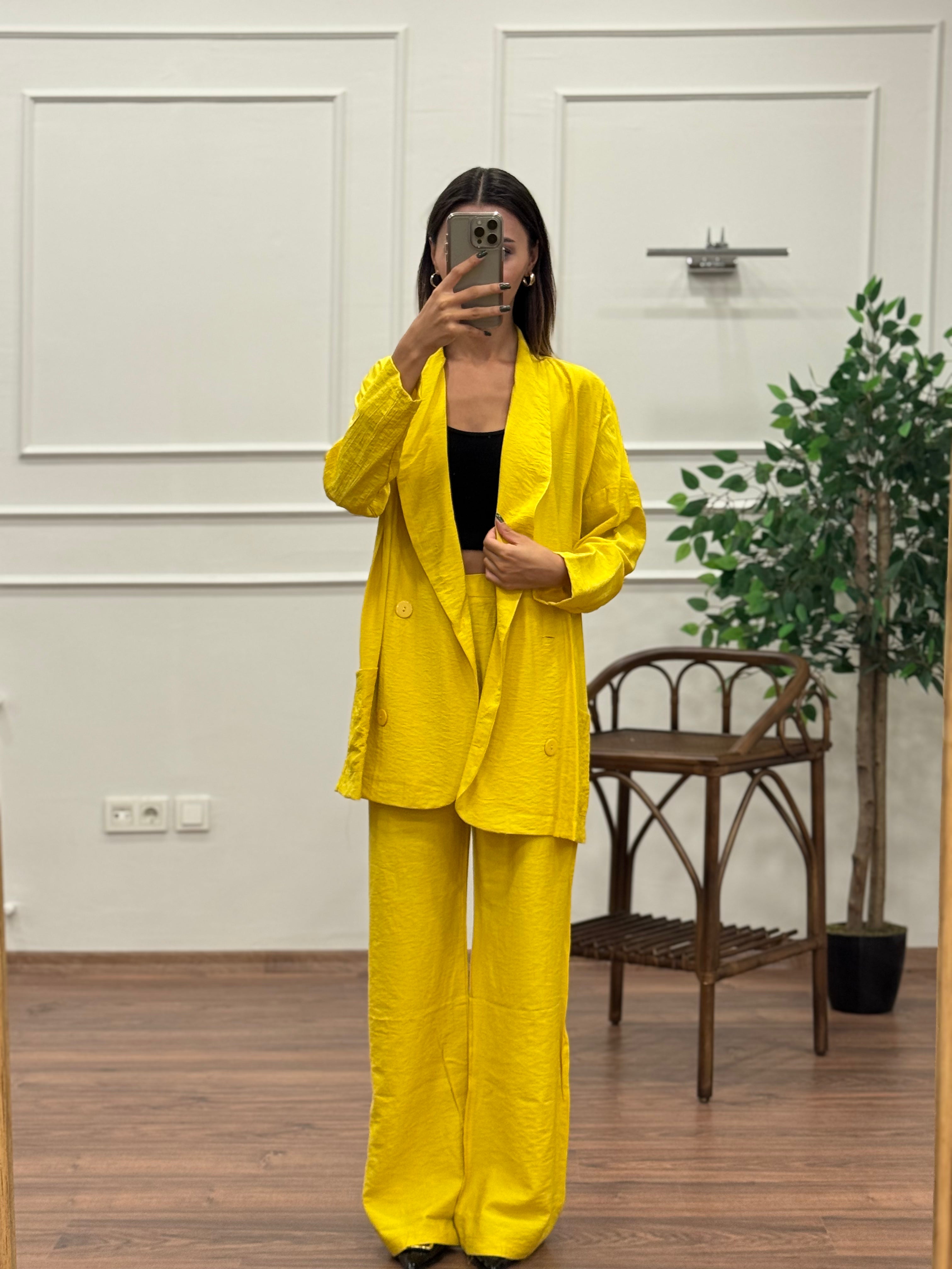 Müslin Blazer Ceket Pantolon Hardal Takım