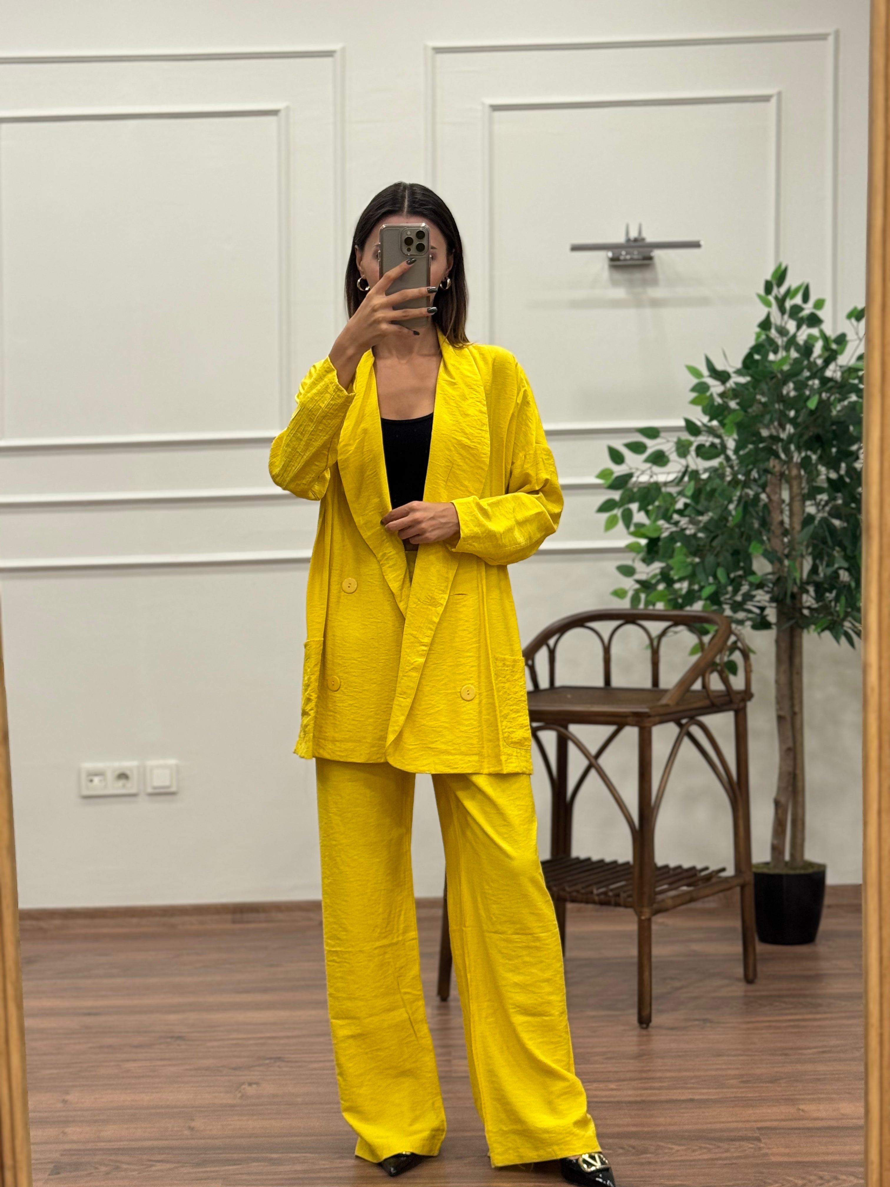 Müslin Blazer Ceket Pantolon Hardal Takım