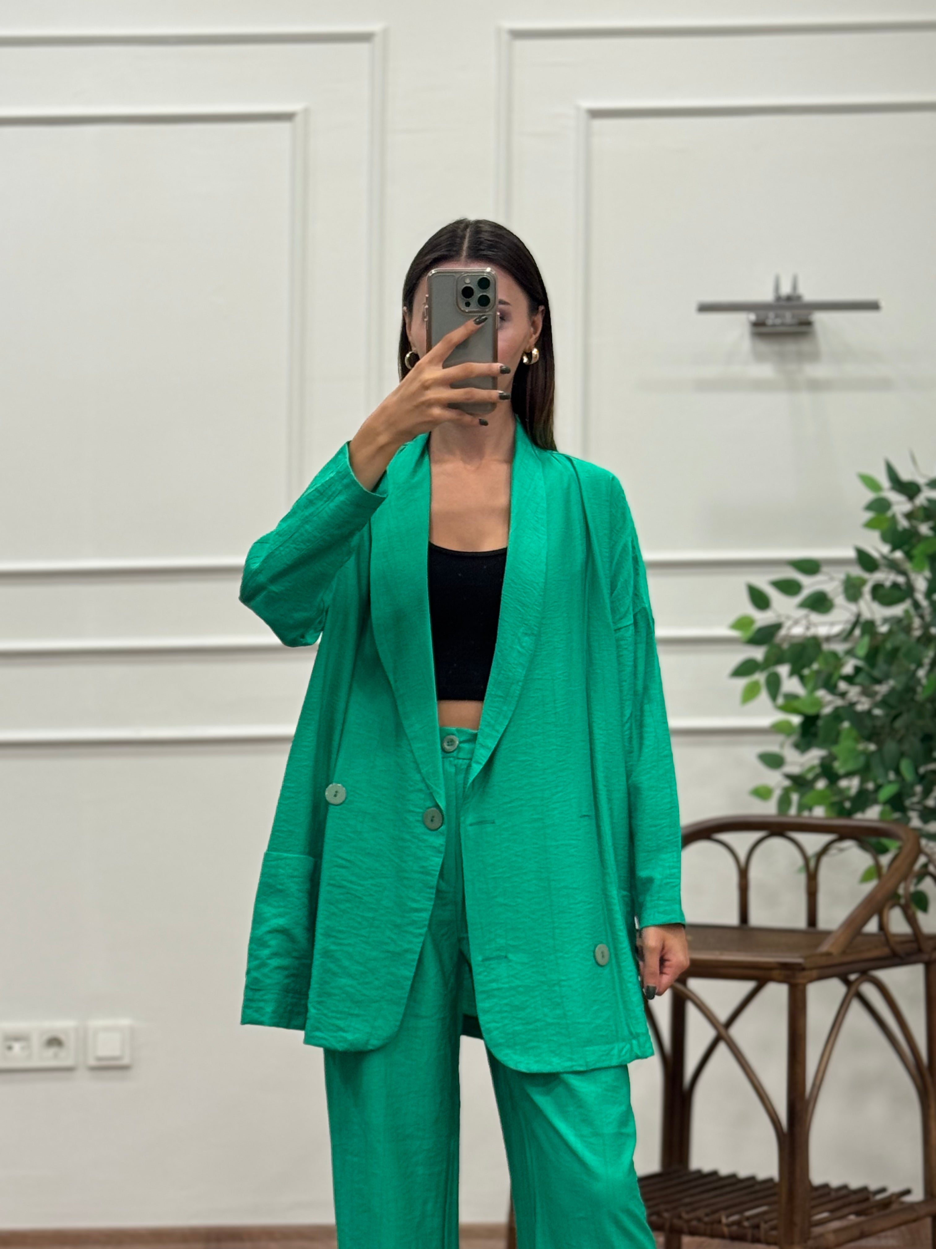 Müslin Blazer Ceket Pantolon Yeşil Takım