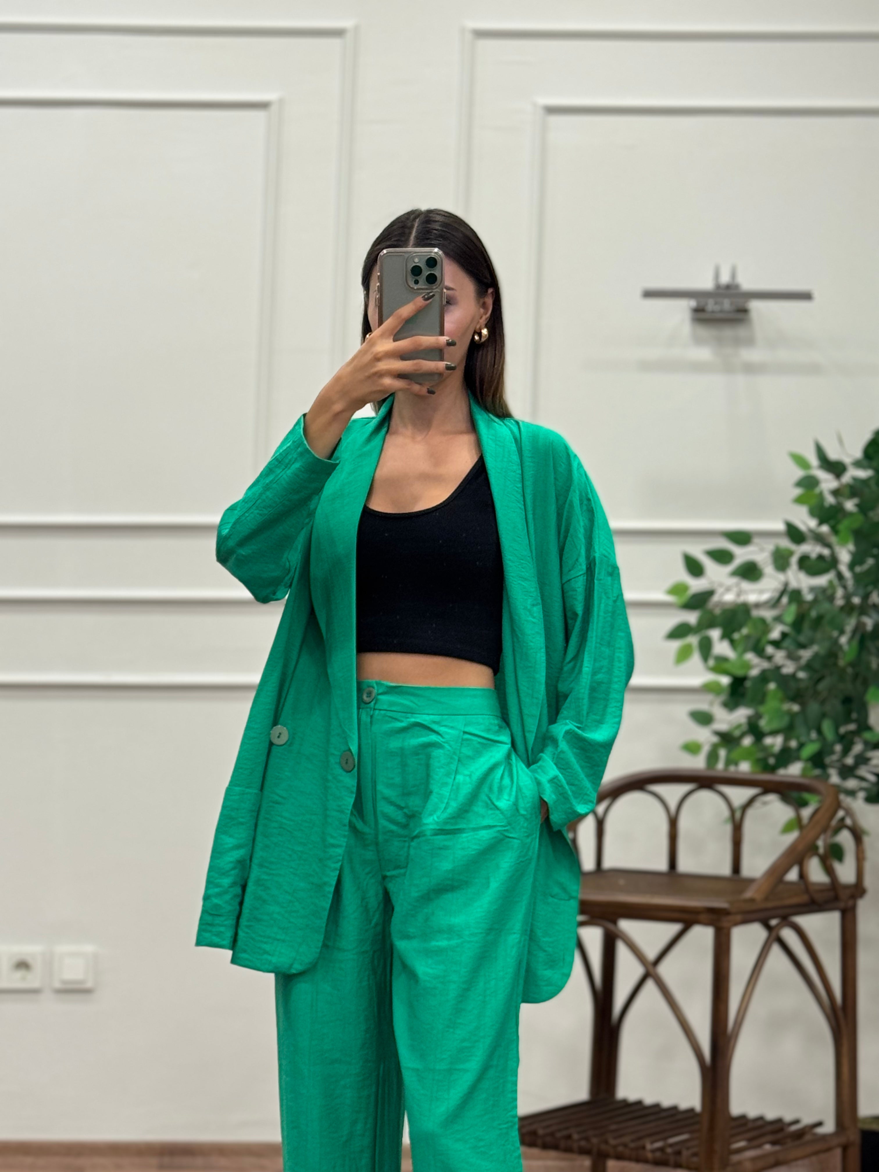 Müslin Blazer Ceket Pantolon Yeşil Takım