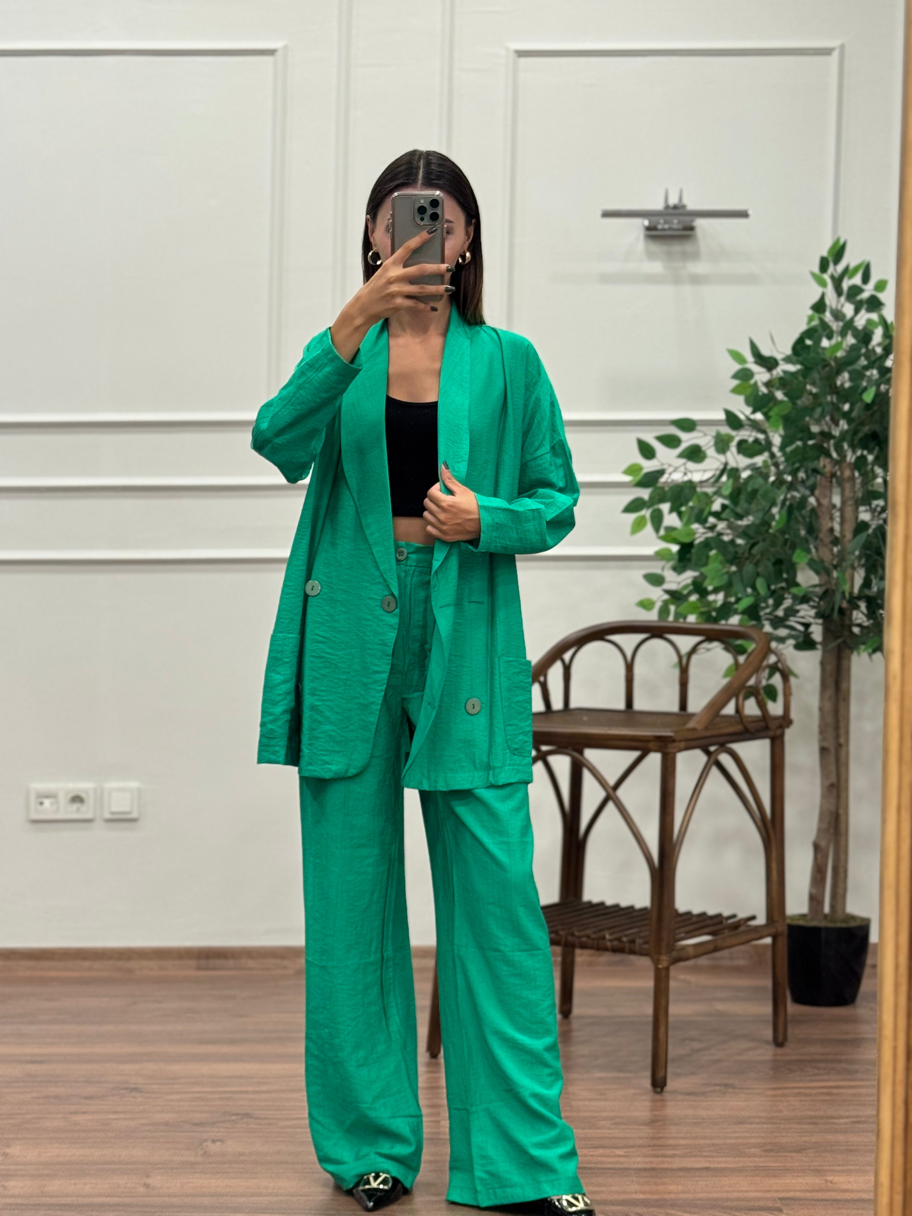 Müslin Blazer Ceket Pantolon Yeşil Takım