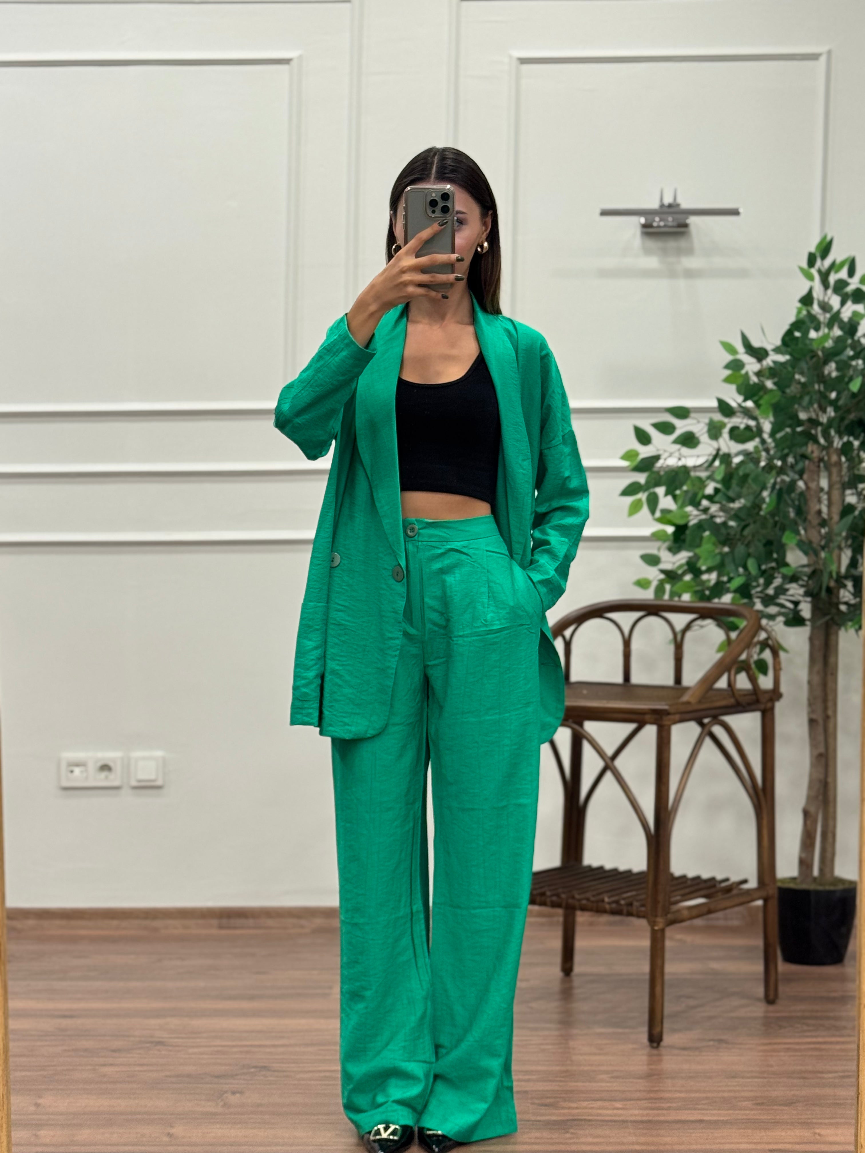 Müslin Blazer Ceket Pantolon Yeşil Takım