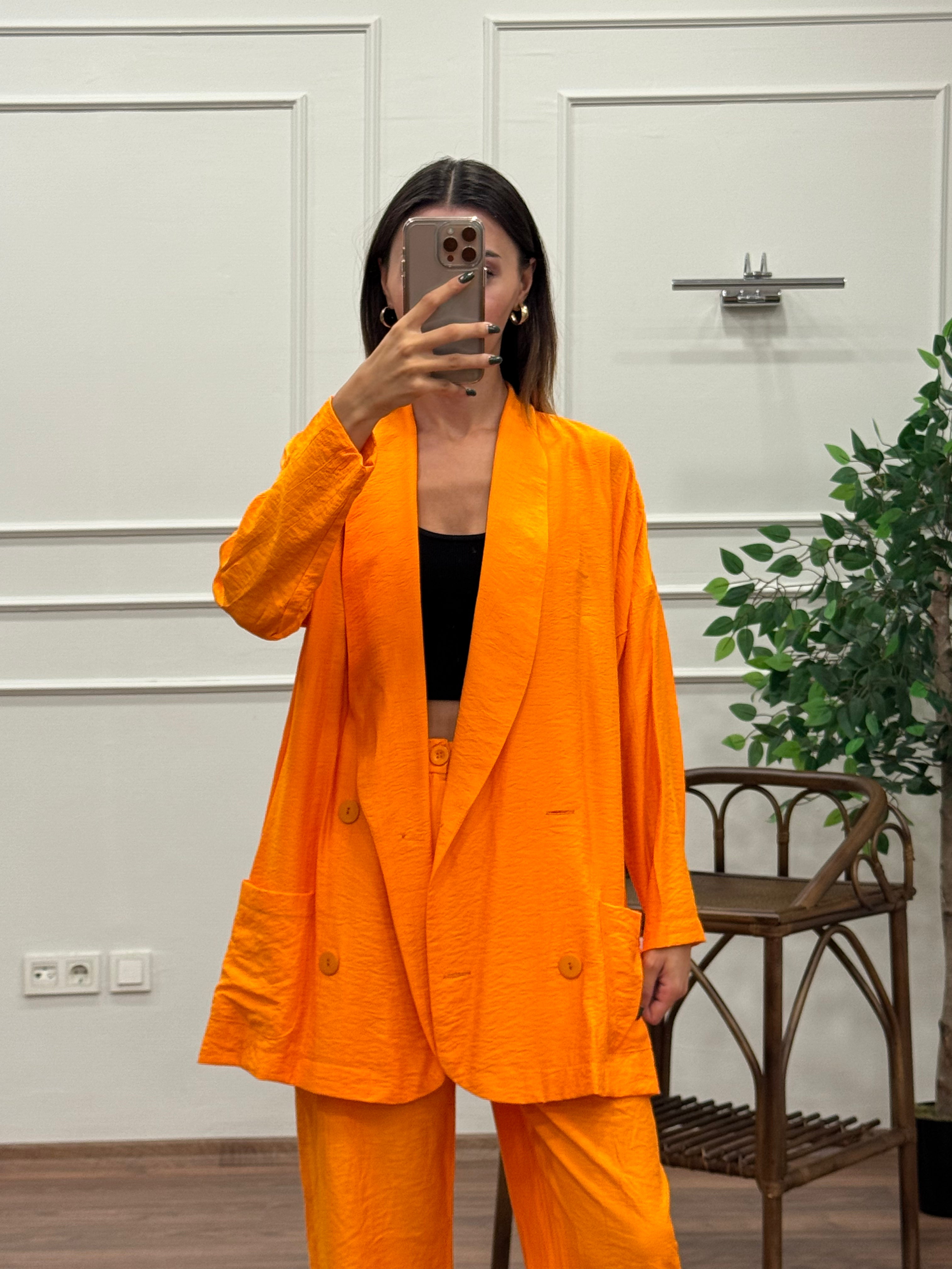 Müslin Blazer Ceket Pantolon Turuncu Takım
