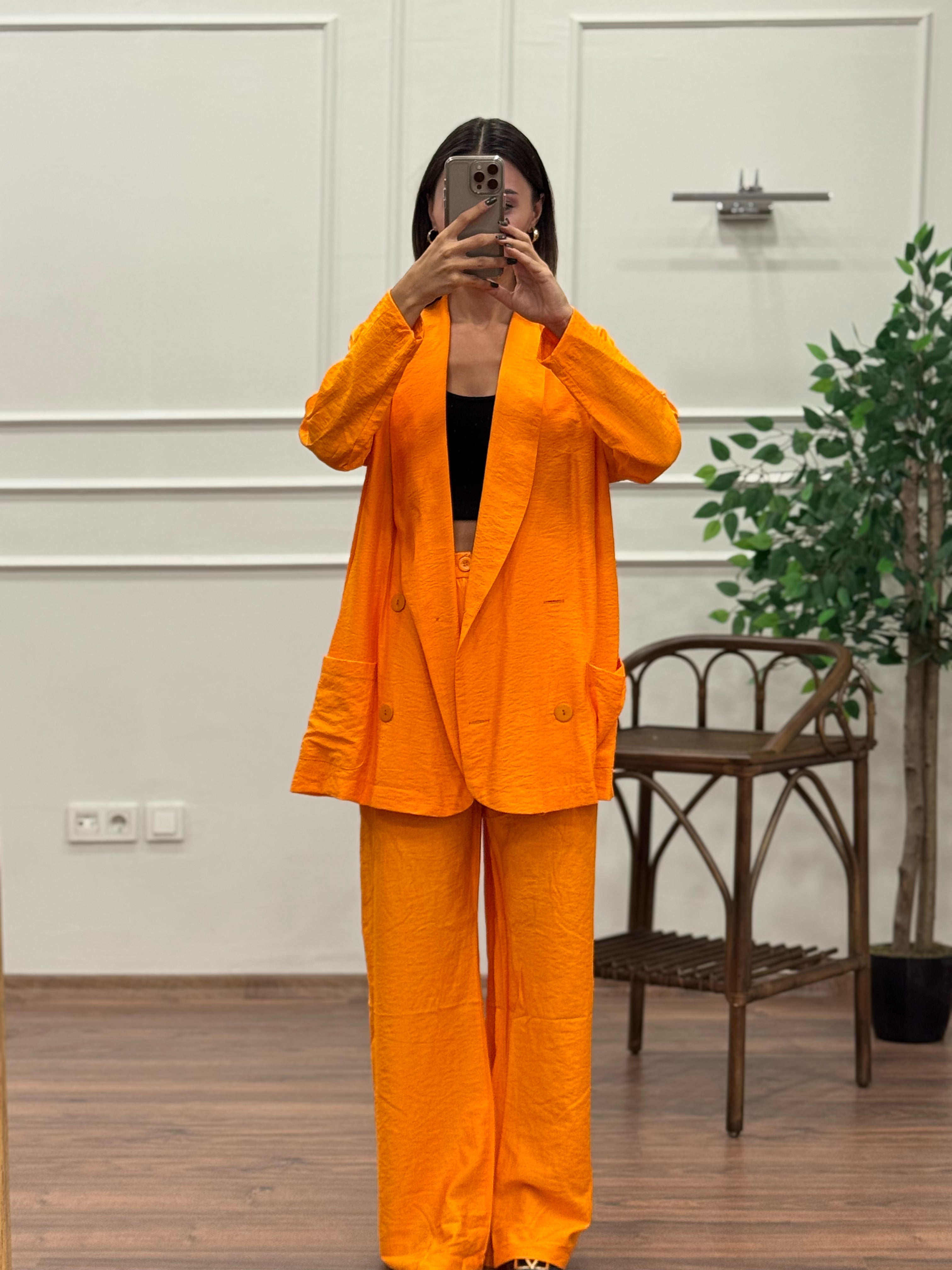 Müslin Blazer Ceket Pantolon Turuncu Takım