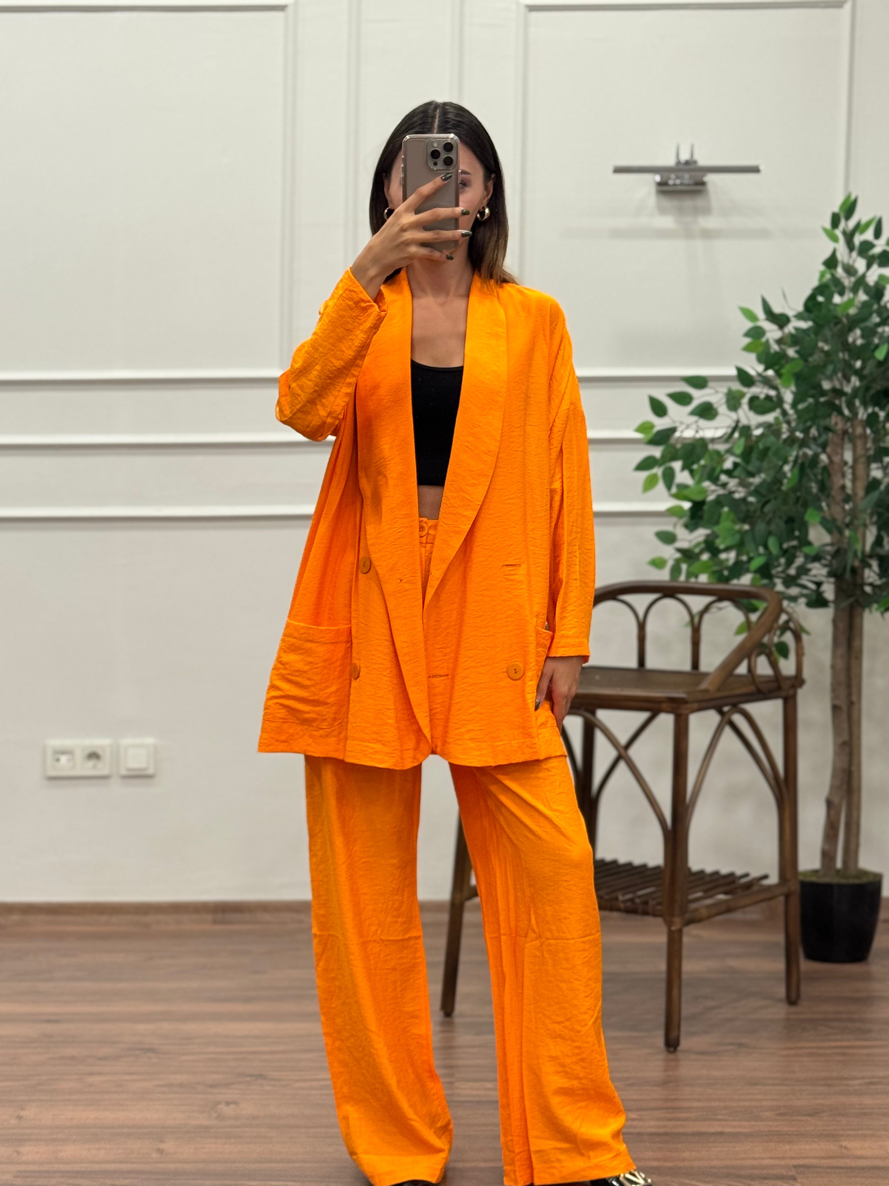 Müslin Blazer Ceket Pantolon Turuncu Takım