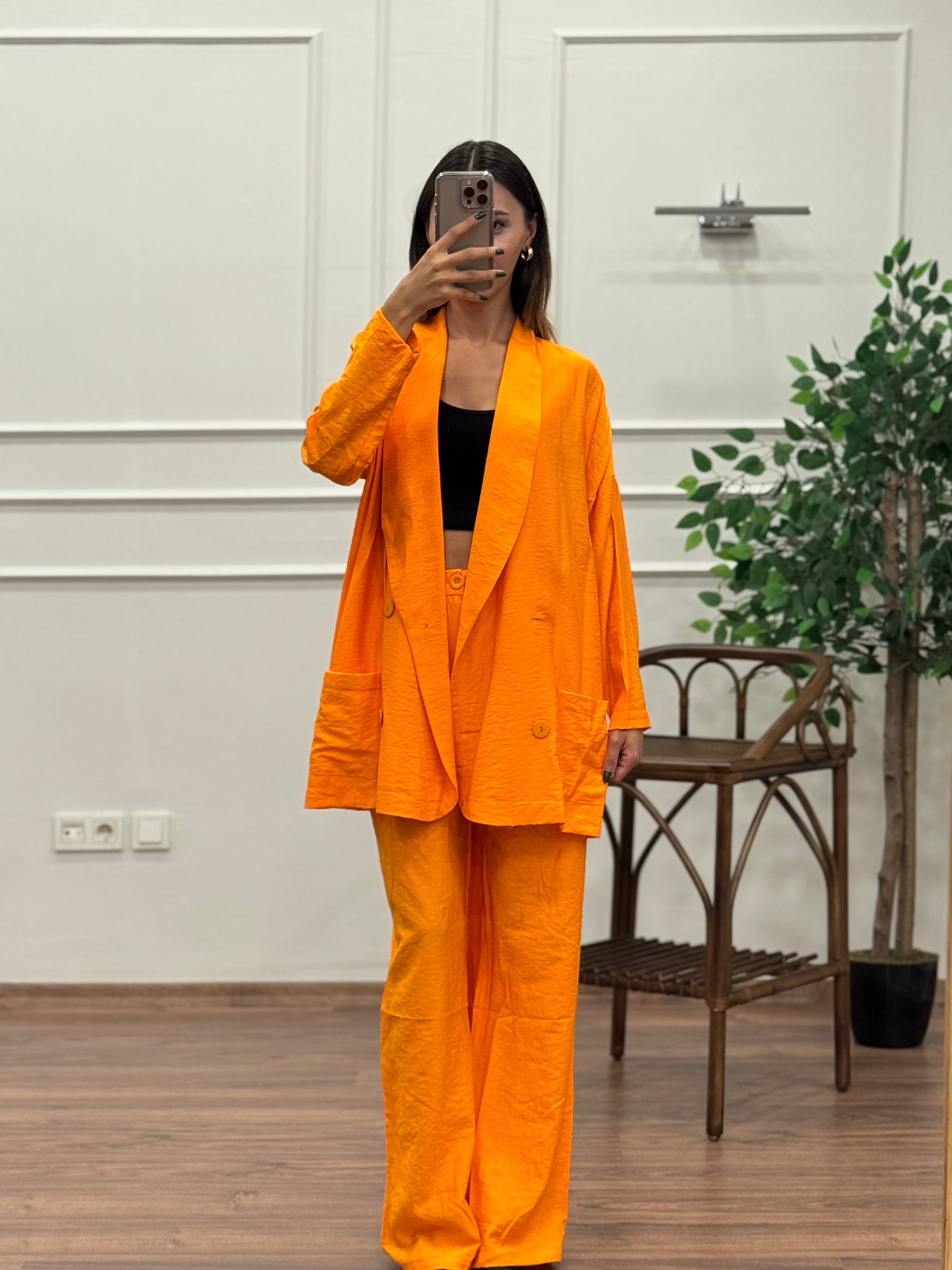 Müslin Blazer Ceket Pantolon Turuncu Takım