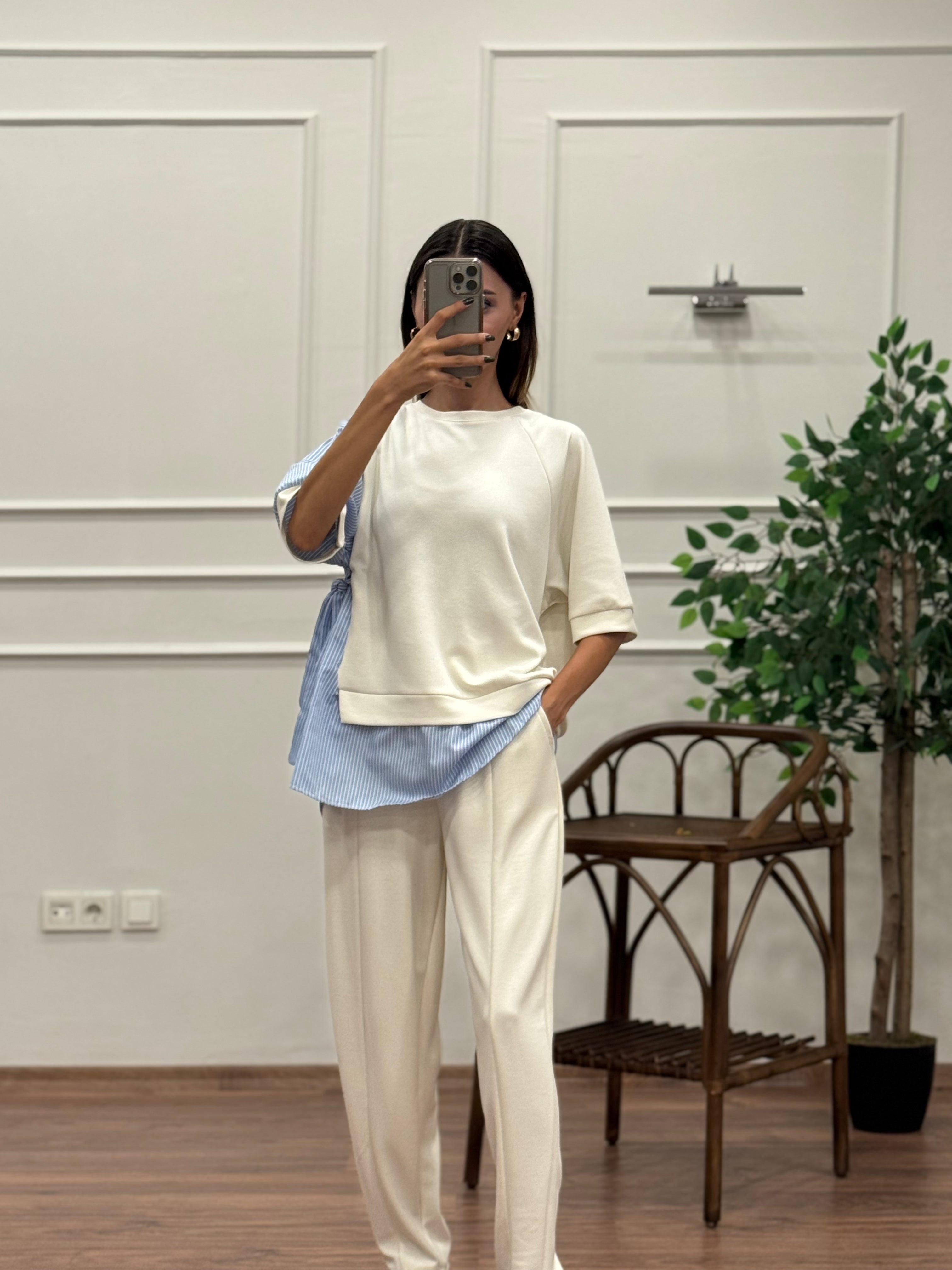 Tunik Pantolon Beyaz İkili Takım
