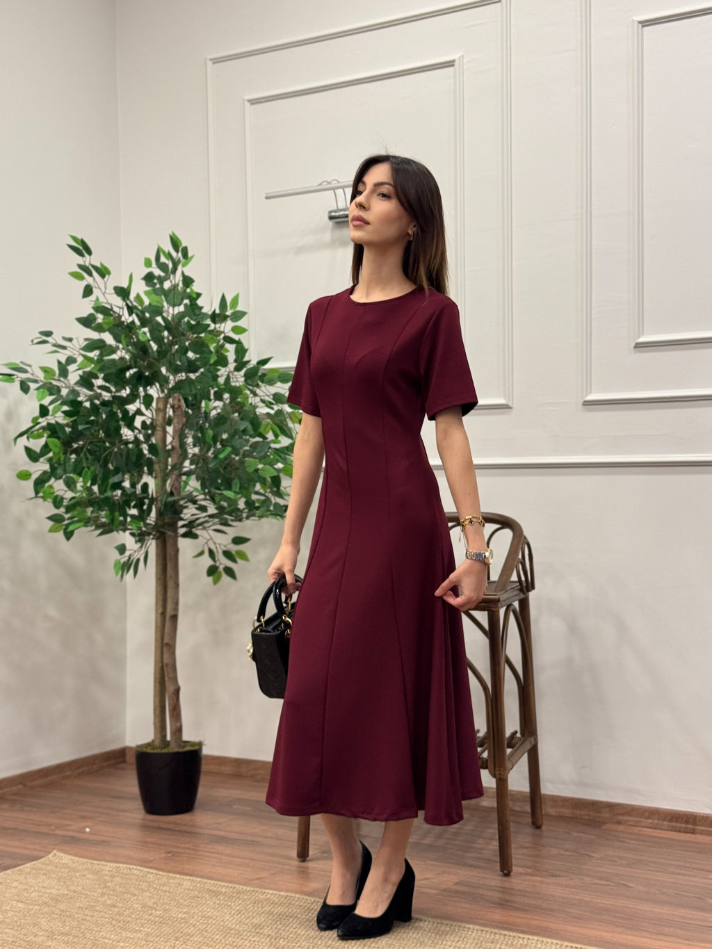 Oysh Önü Garnili Bordo Kloş Elbise