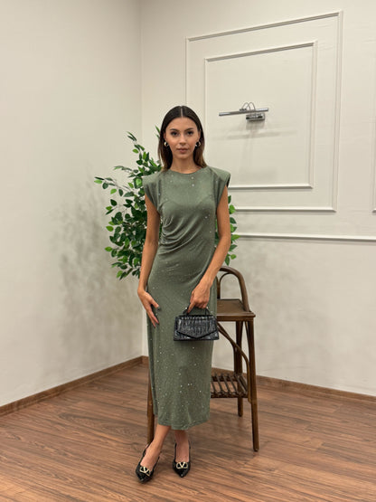 Taş Baskı Drape Detay Omuz Vatkalı Haki Elbise