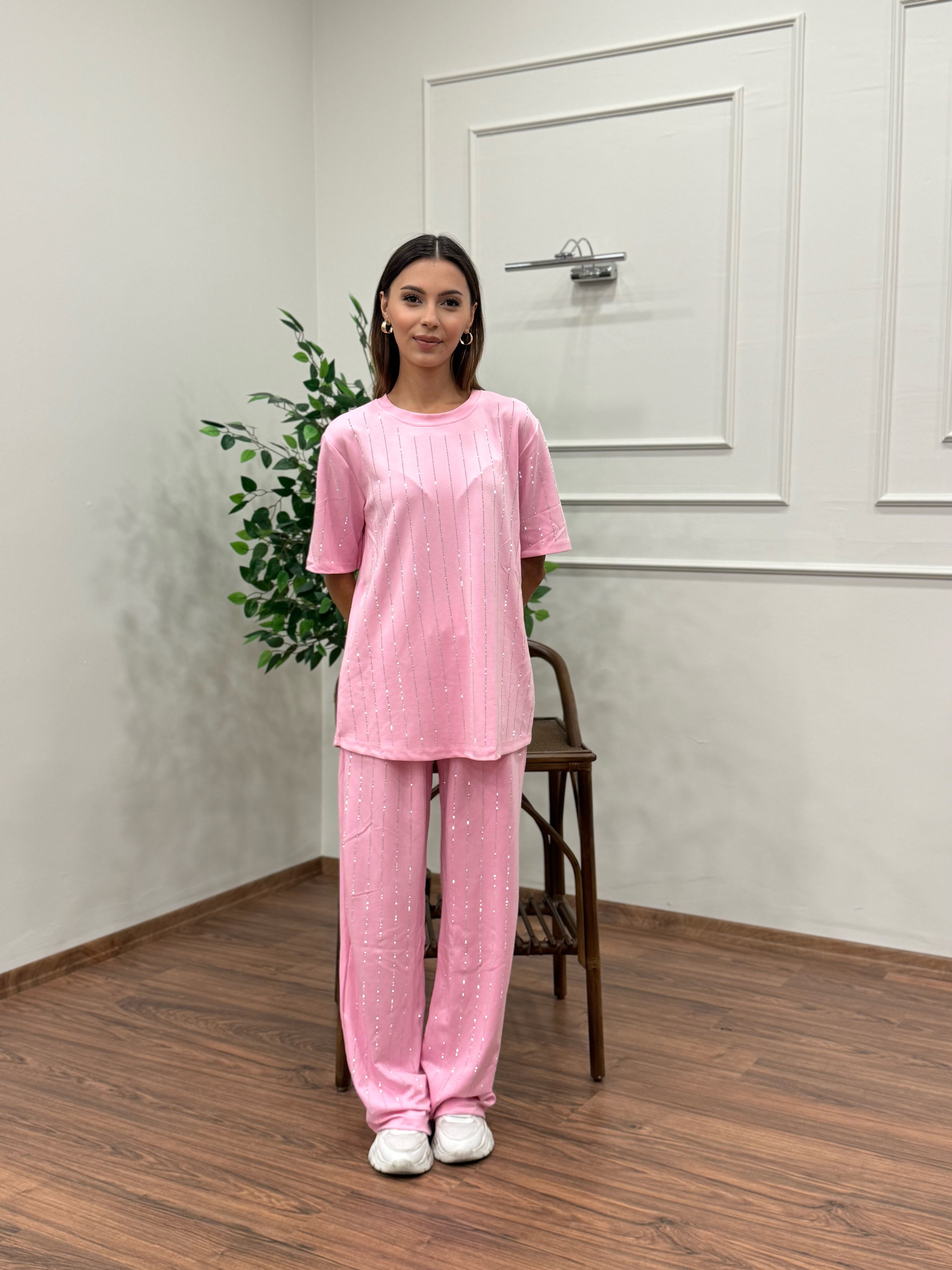 Oys Çizgi Desen Taş Baskı Pembe Bluz Pantolon Takım