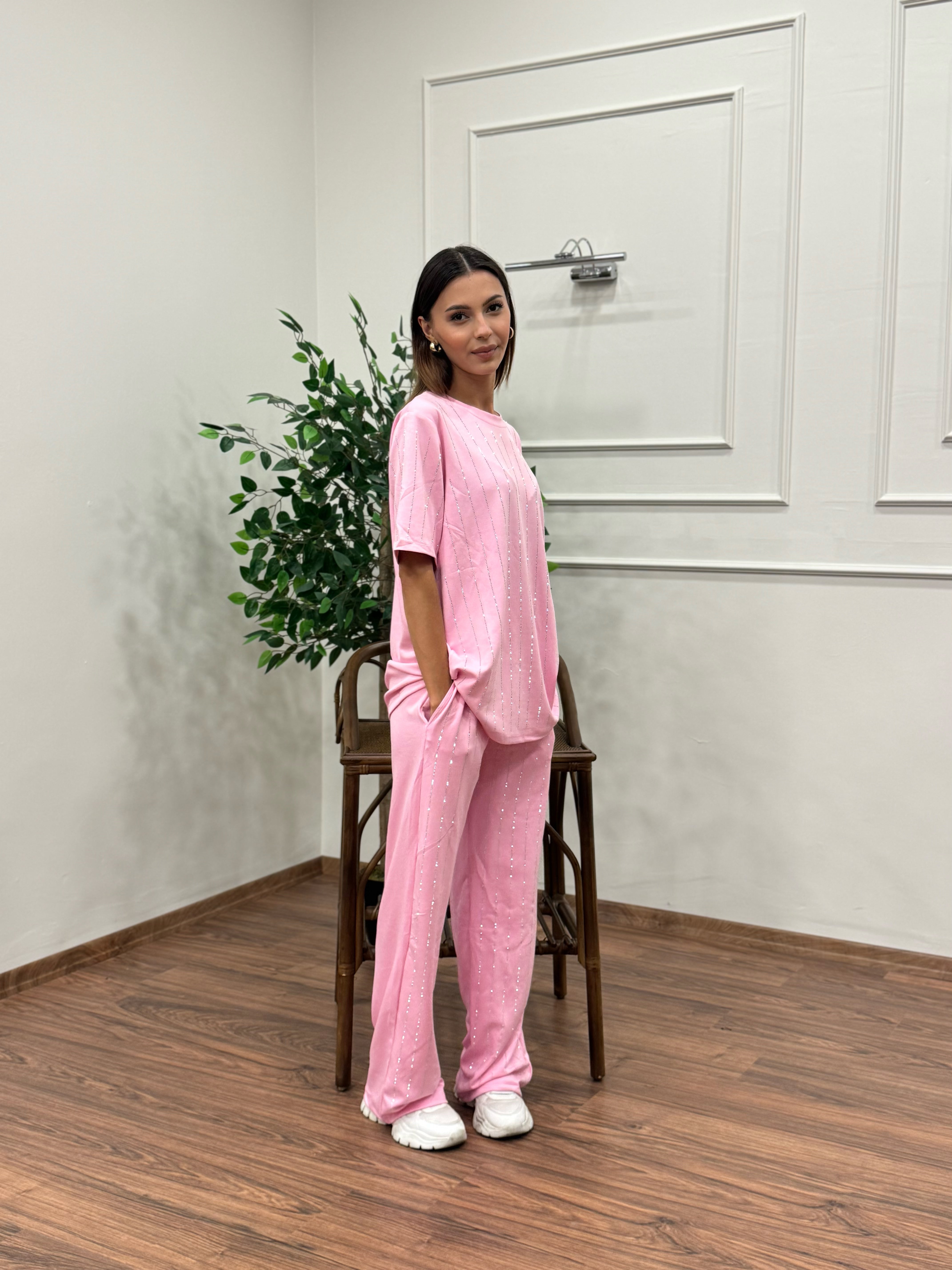 Oys Çizgi Desen Taş Baskı Pembe Bluz Pantolon Takım