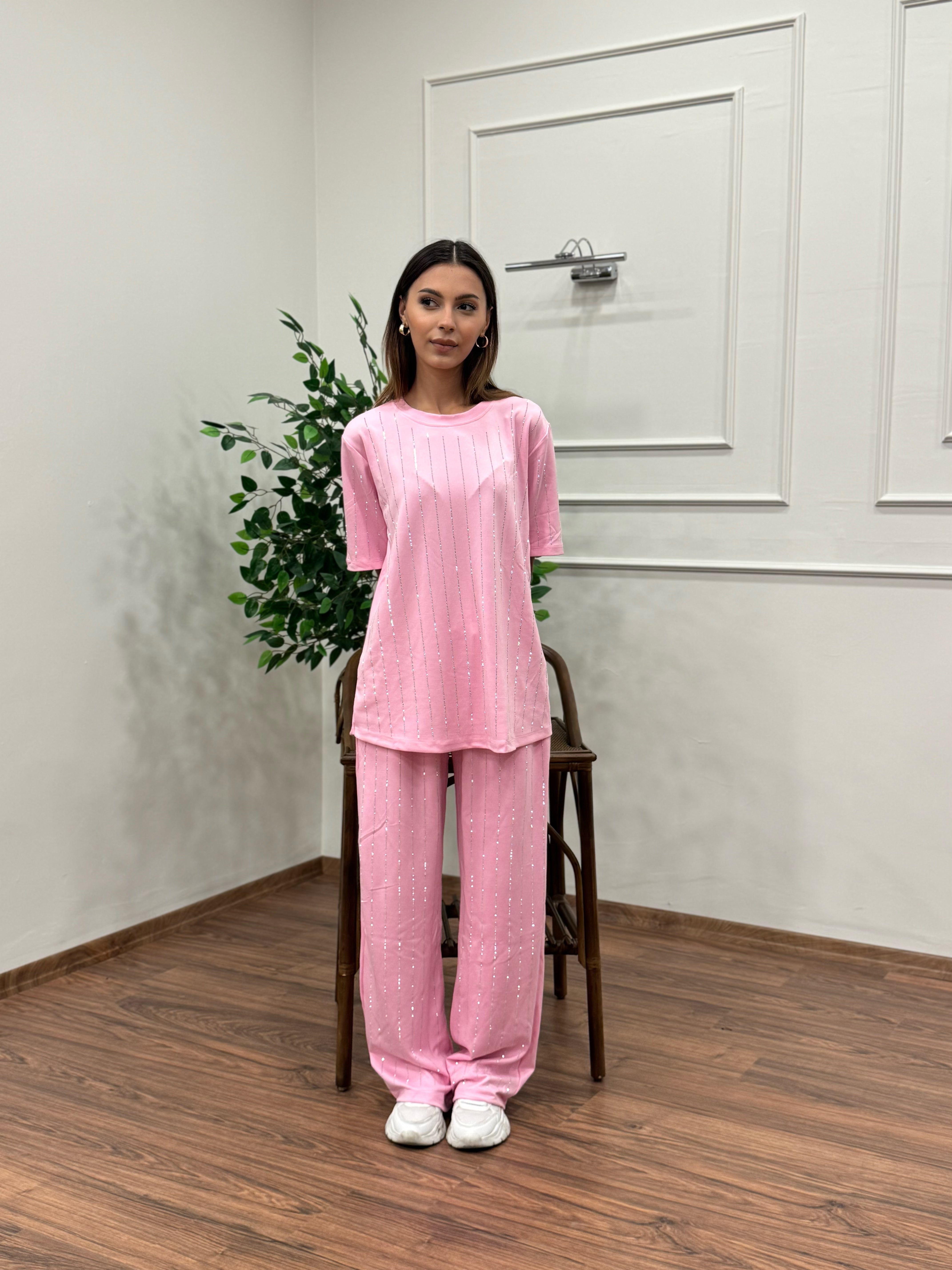 Oys Çizgi Desen Taş Baskı Pembe Bluz Pantolon Takım