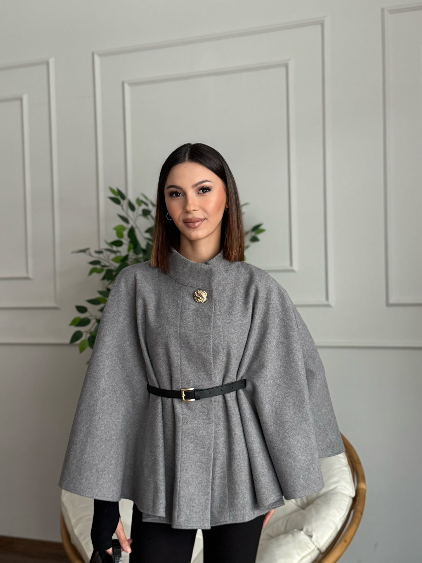 Liya Kemerli Kaşe Gri Panço