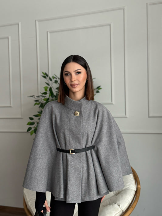 Liya Kemerli Kaşe Gri Panço