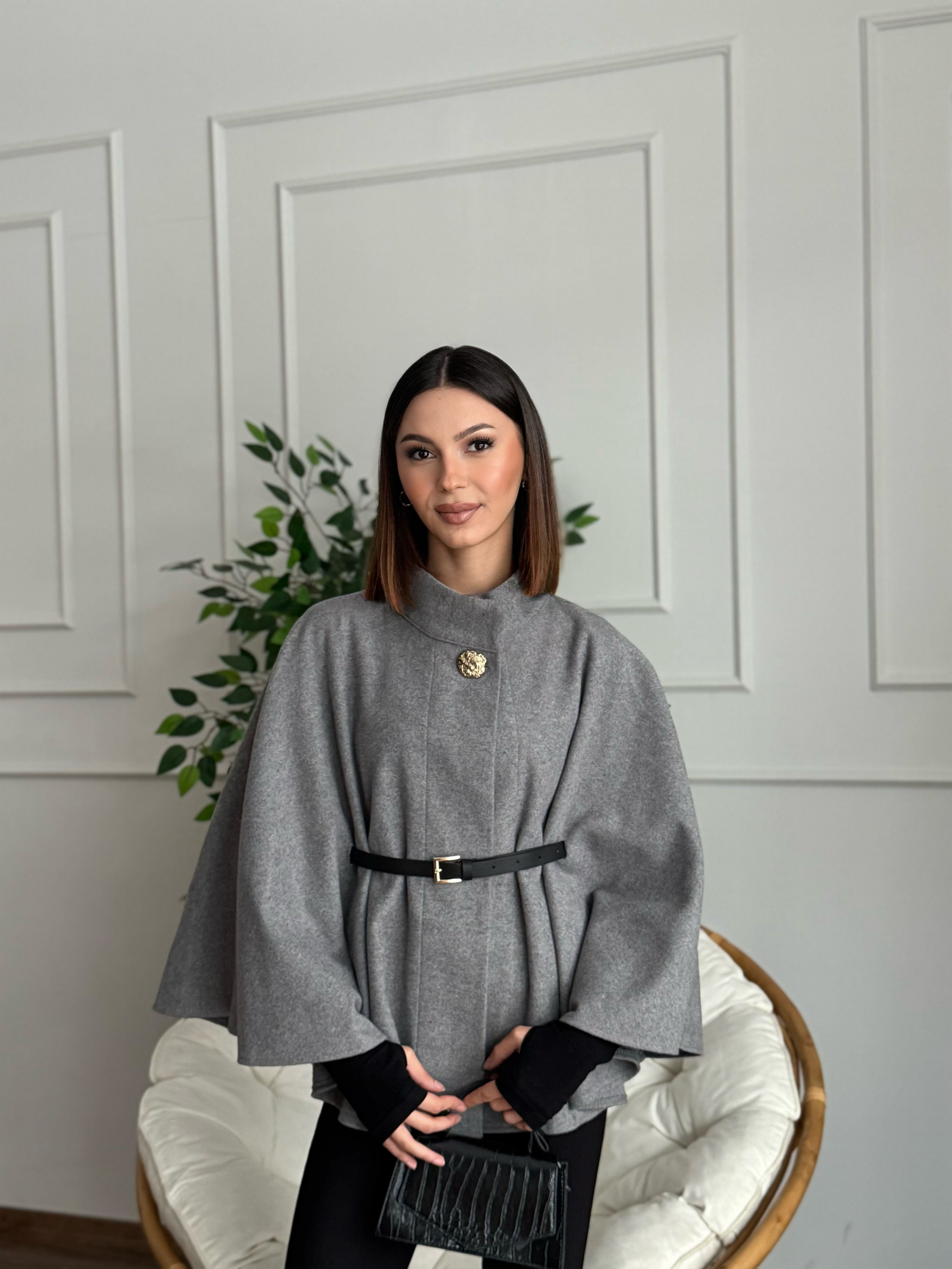 Liya Kemerli Kaşe Gri Panço