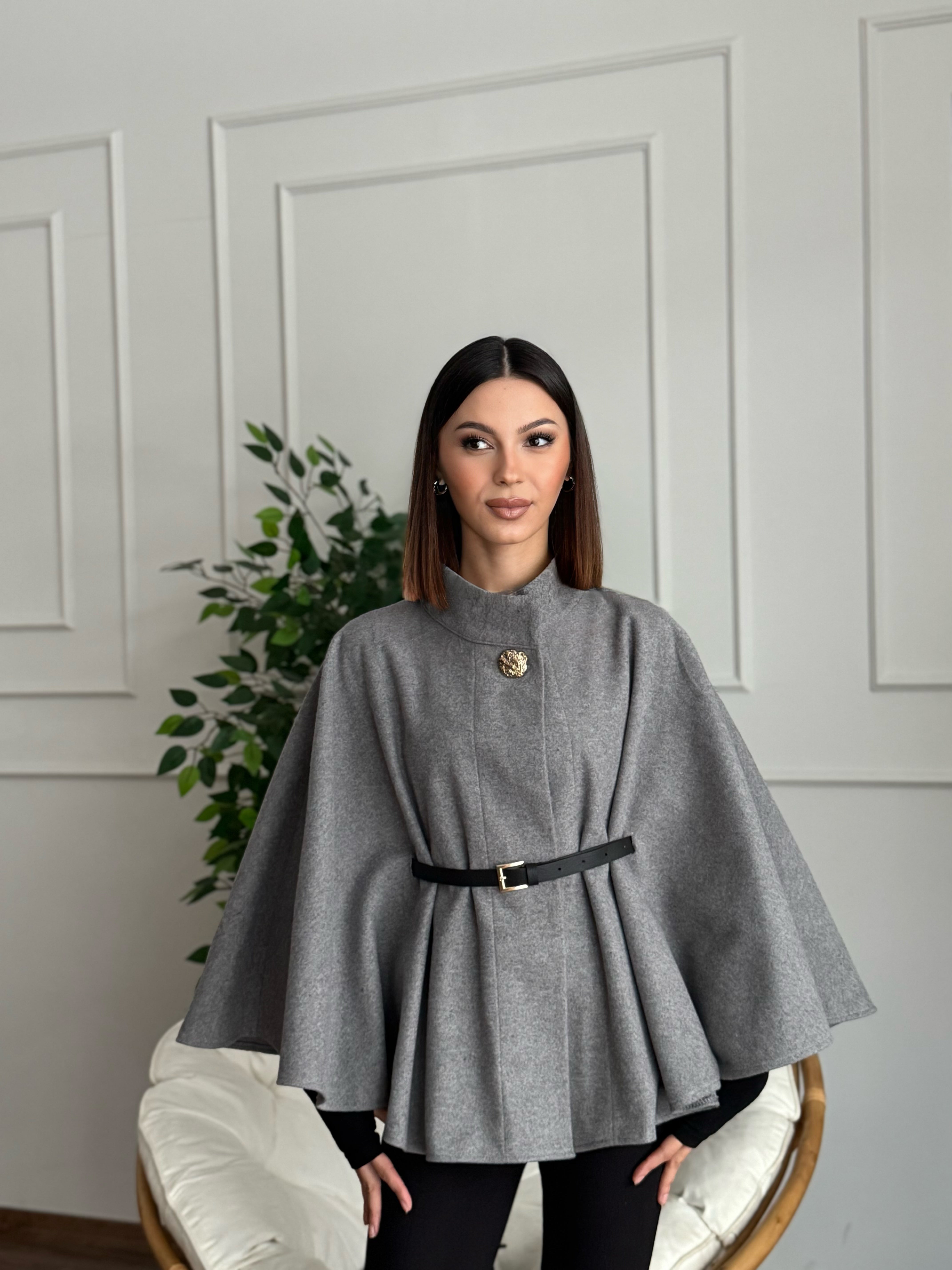 Liya Kemerli Kaşe Gri Panço