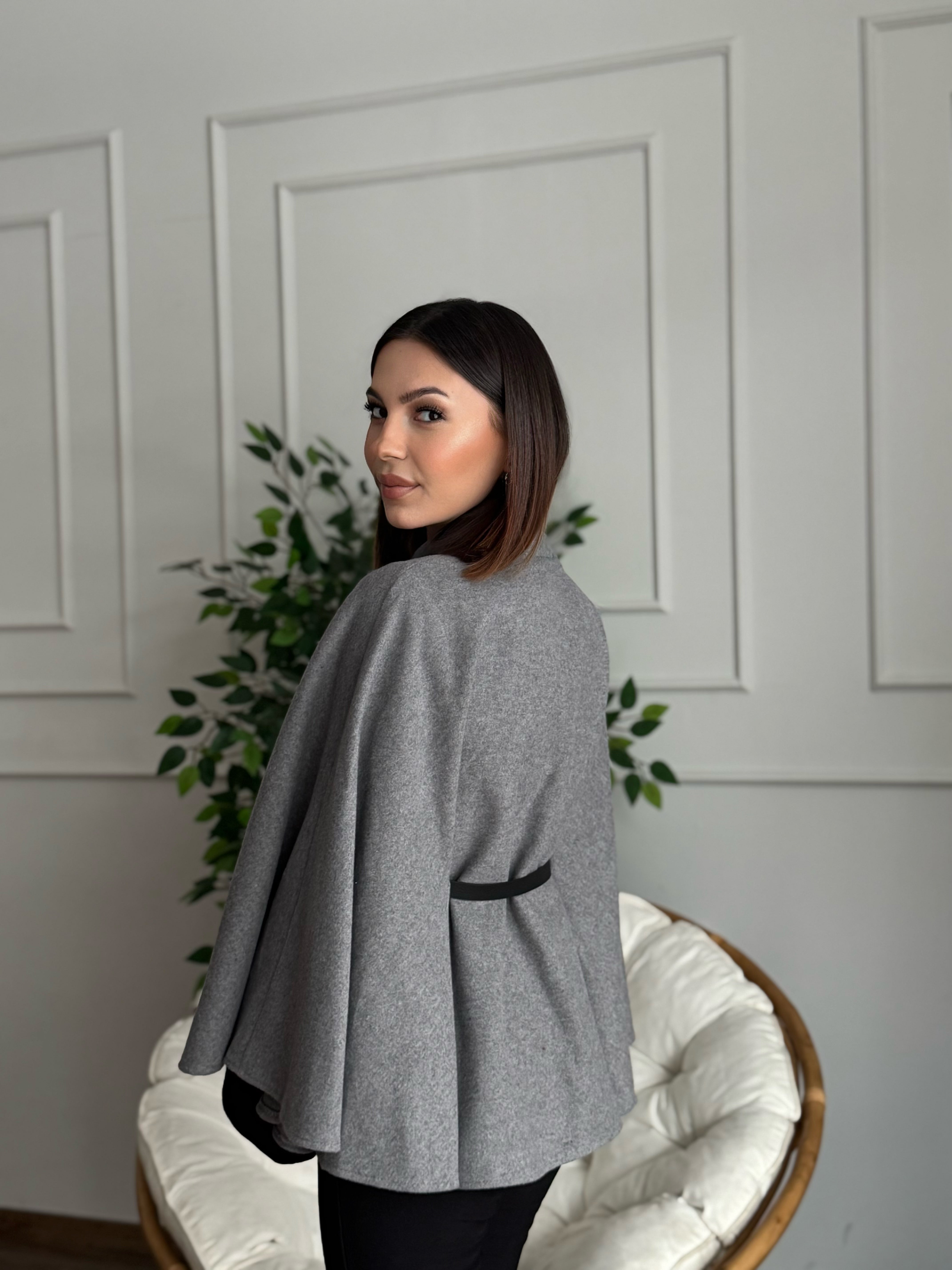 Liya Kemerli Kaşe Gri Panço