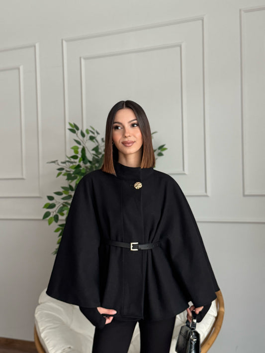 Liya Kemerli Kaşe Siyah Panço