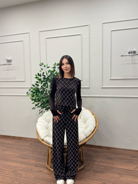 Moly Baklava Desen Taşlı Kahverengi Crop Pantolon Takım