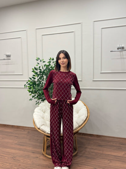 Moly Baklava Desen Taşlı Bordo Crop Pantolon Takım