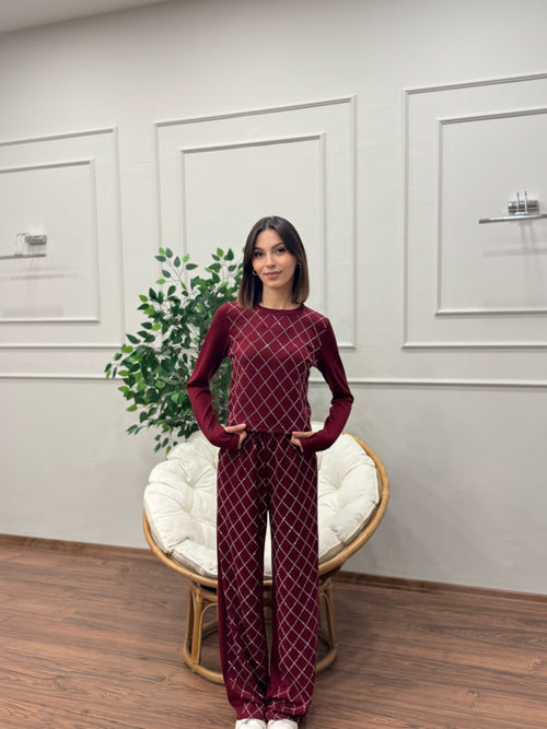Moly Baklava Desen Taşlı Bordo Crop Pantolon Takım