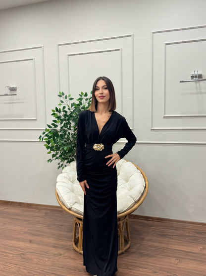 Gold Goddess Drape Detay Siyah Elbise