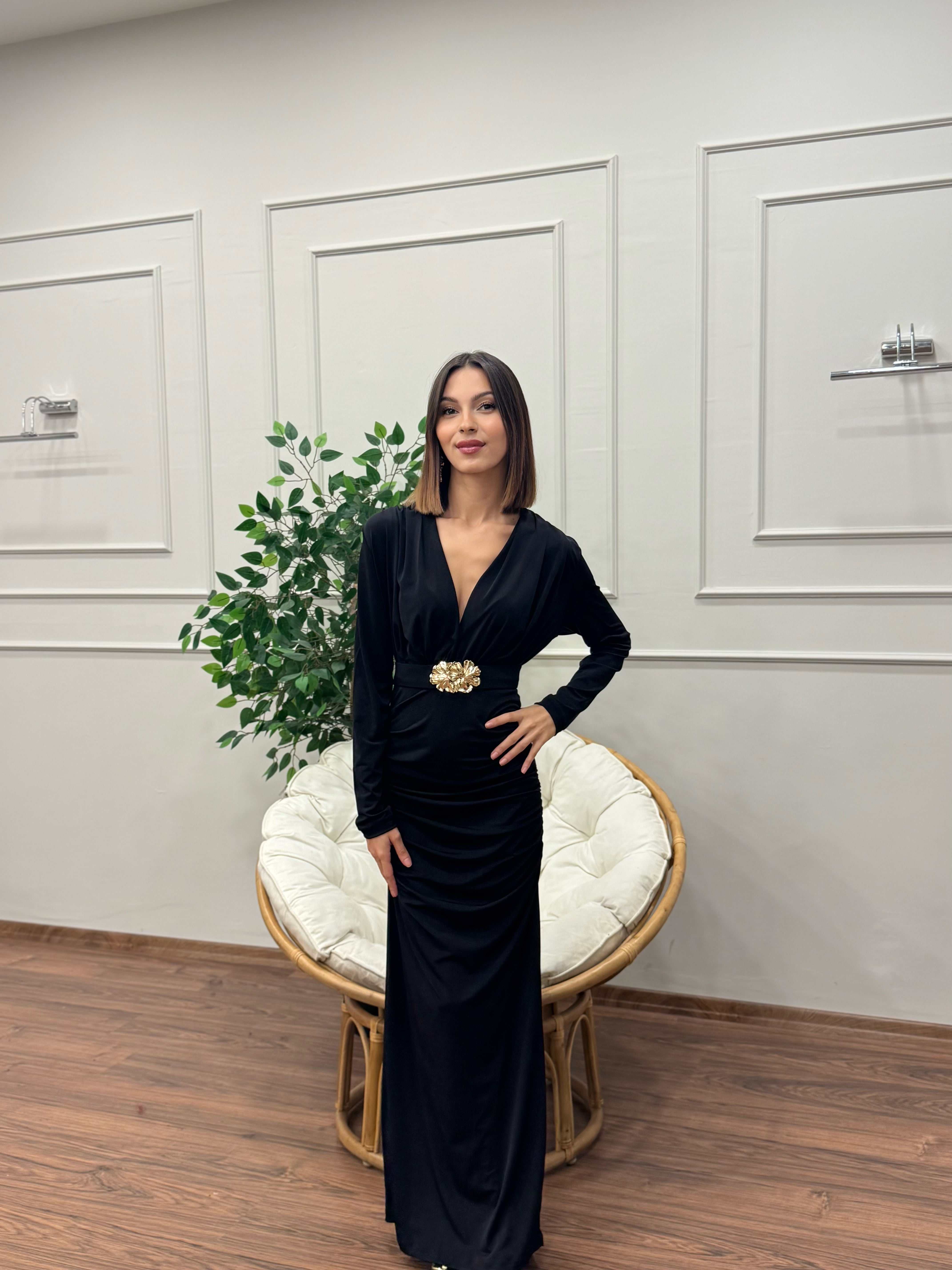 Gold Goddess Drape Detay Siyah Elbise