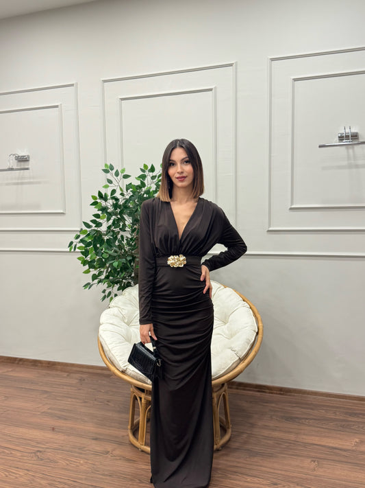 Gold Goddess Drape Detay Kahverengi Elbise
