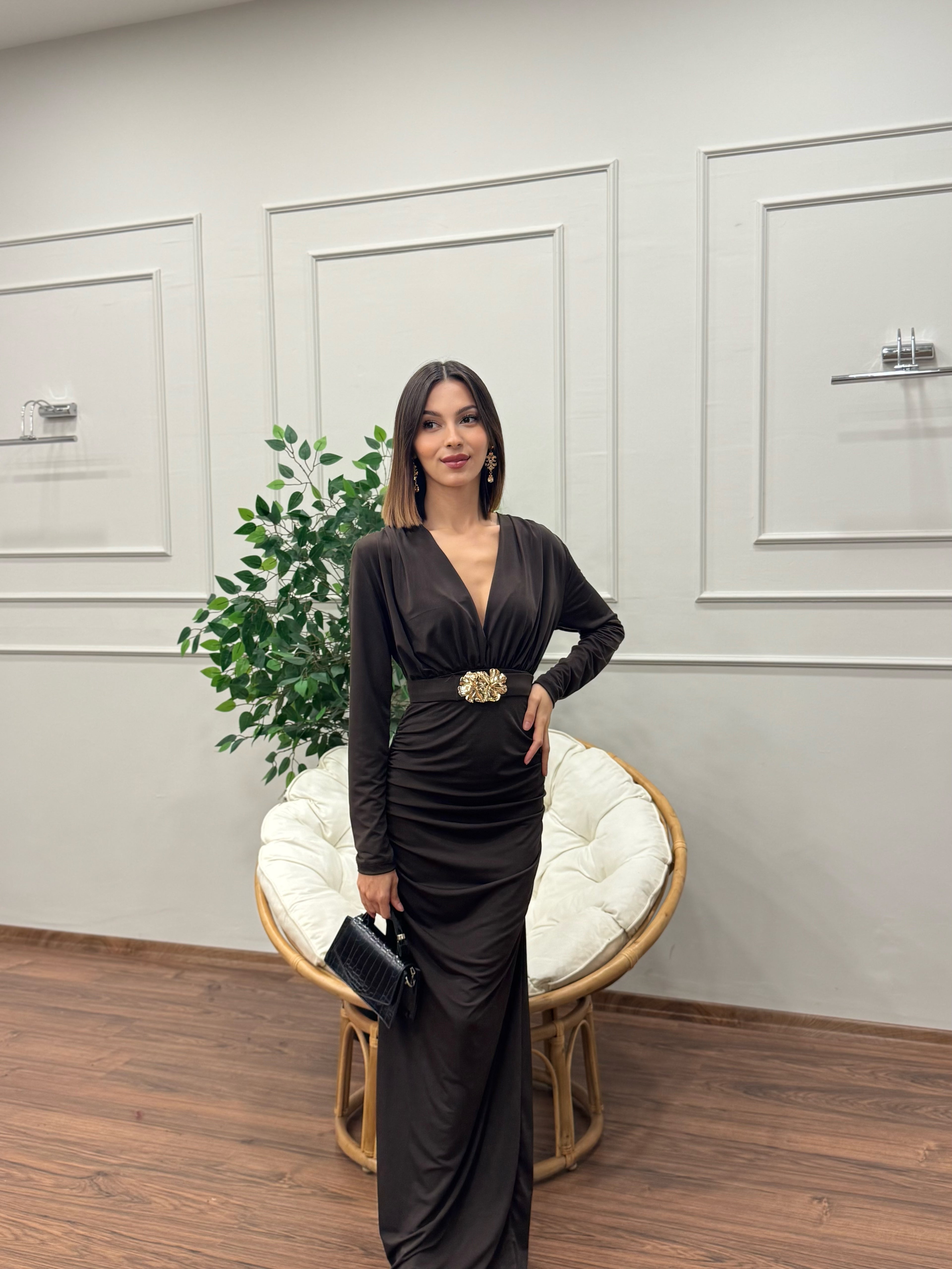 Gold Goddess Drape Detay Kahverengi Elbise
