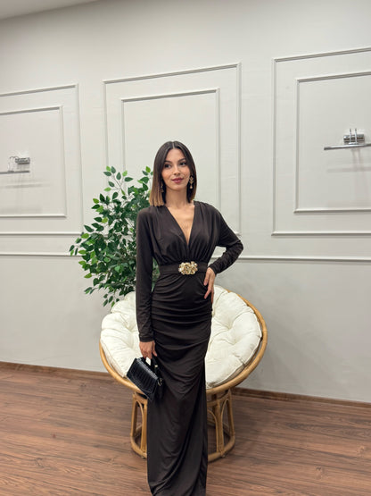 Gold Goddess Drape Detay Kahverengi Elbise