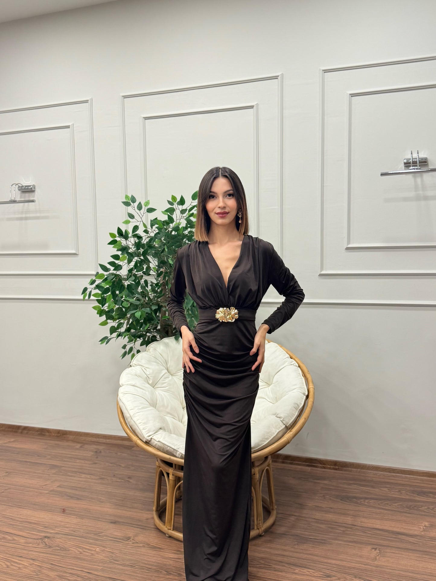 Gold Goddess Drape Detay Kahverengi Elbise