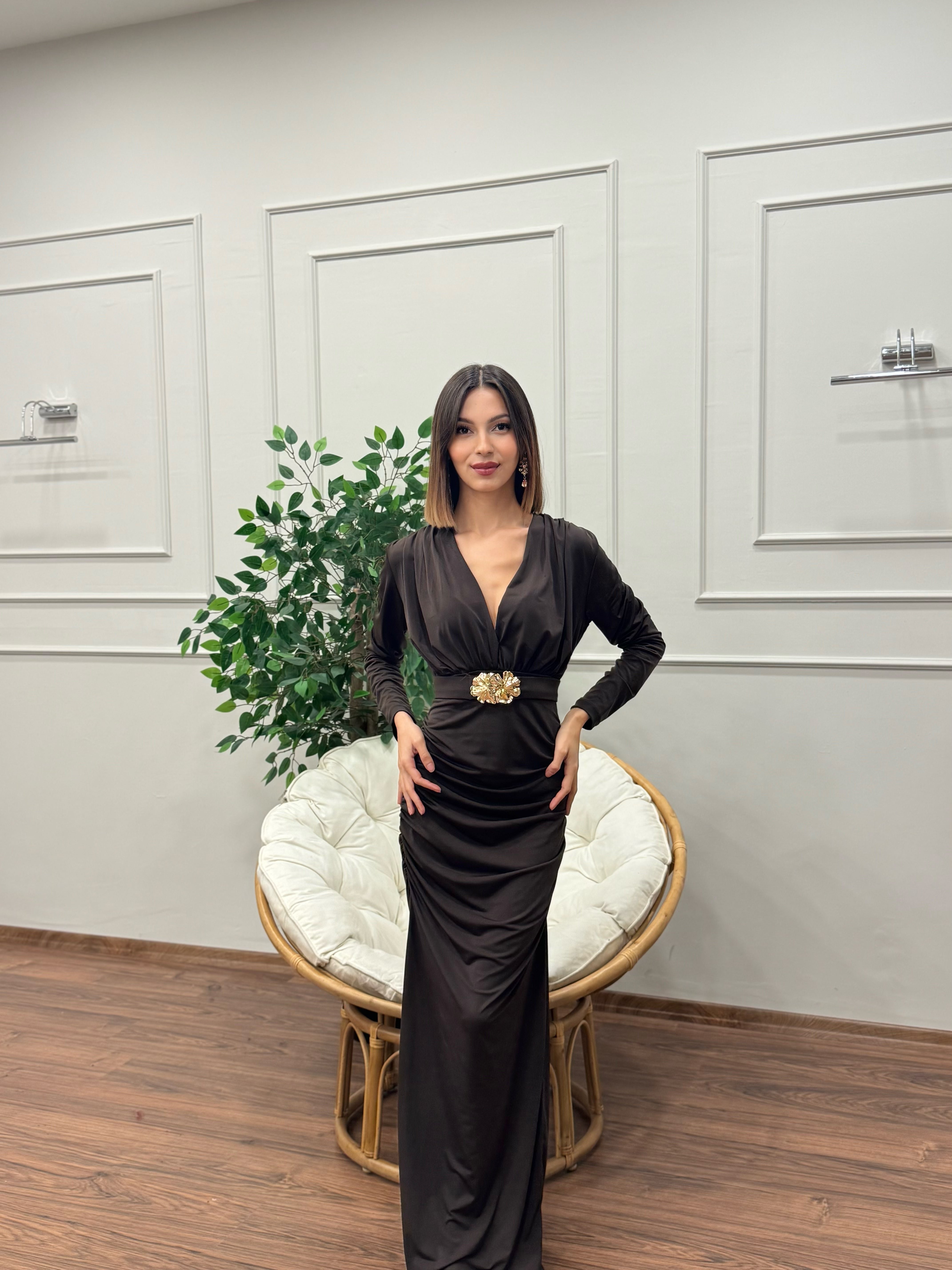 Gold Goddess Drape Detay Kahverengi Elbise