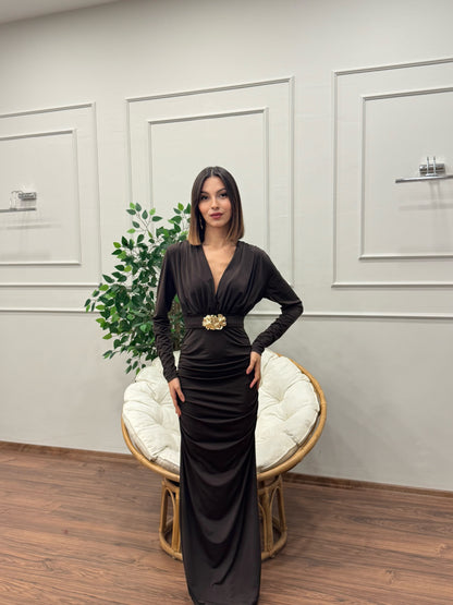 Gold Goddess Drape Detay Kahverengi Elbise