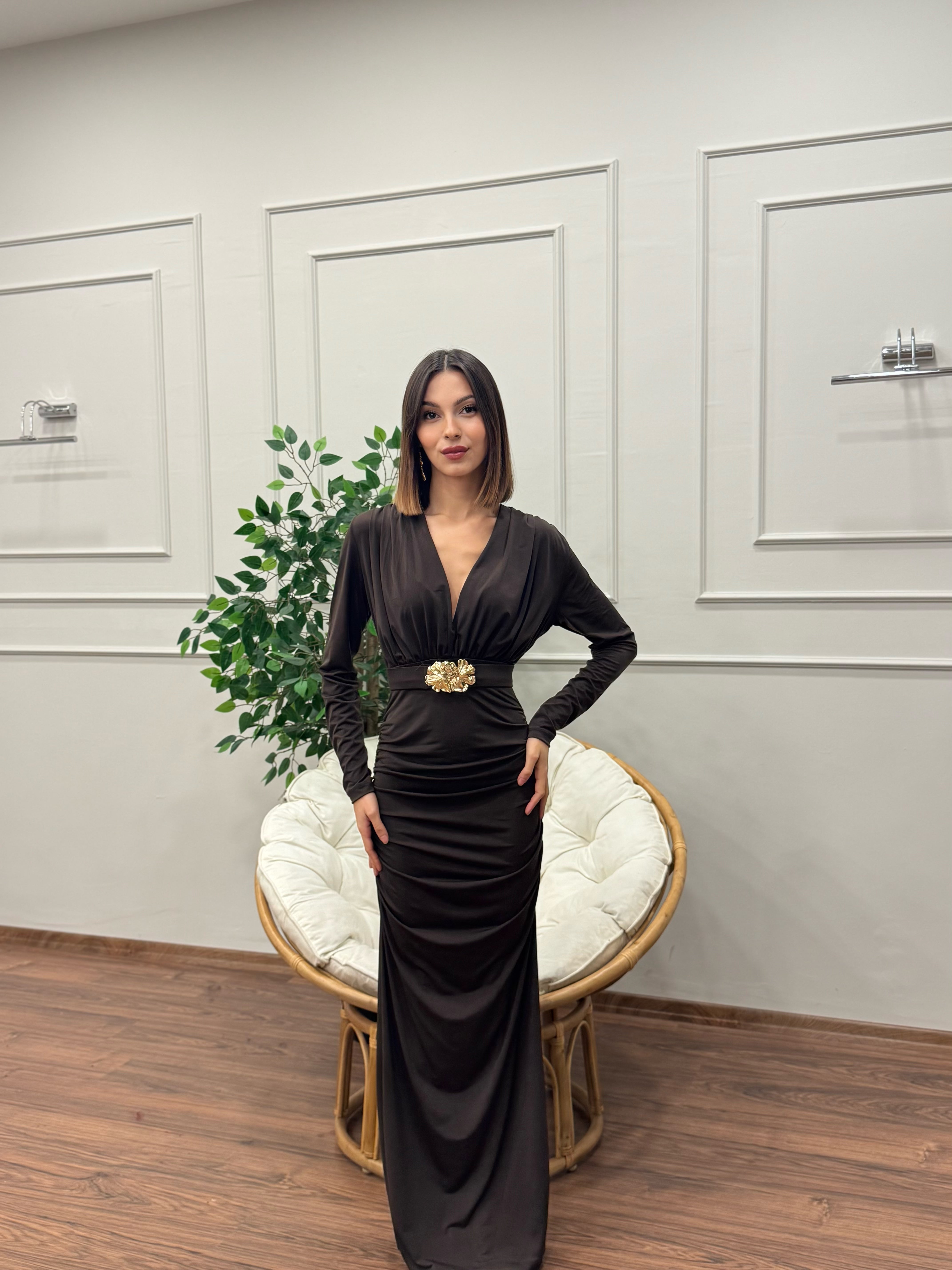 Gold Goddess Drape Detay Kahverengi Elbise