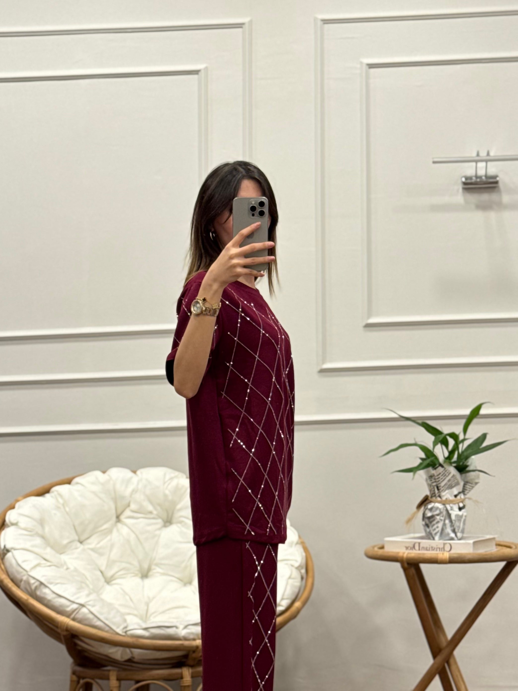 Oys Baklava Desen Taş Baskı Bordo Bluz Pantolon Takım