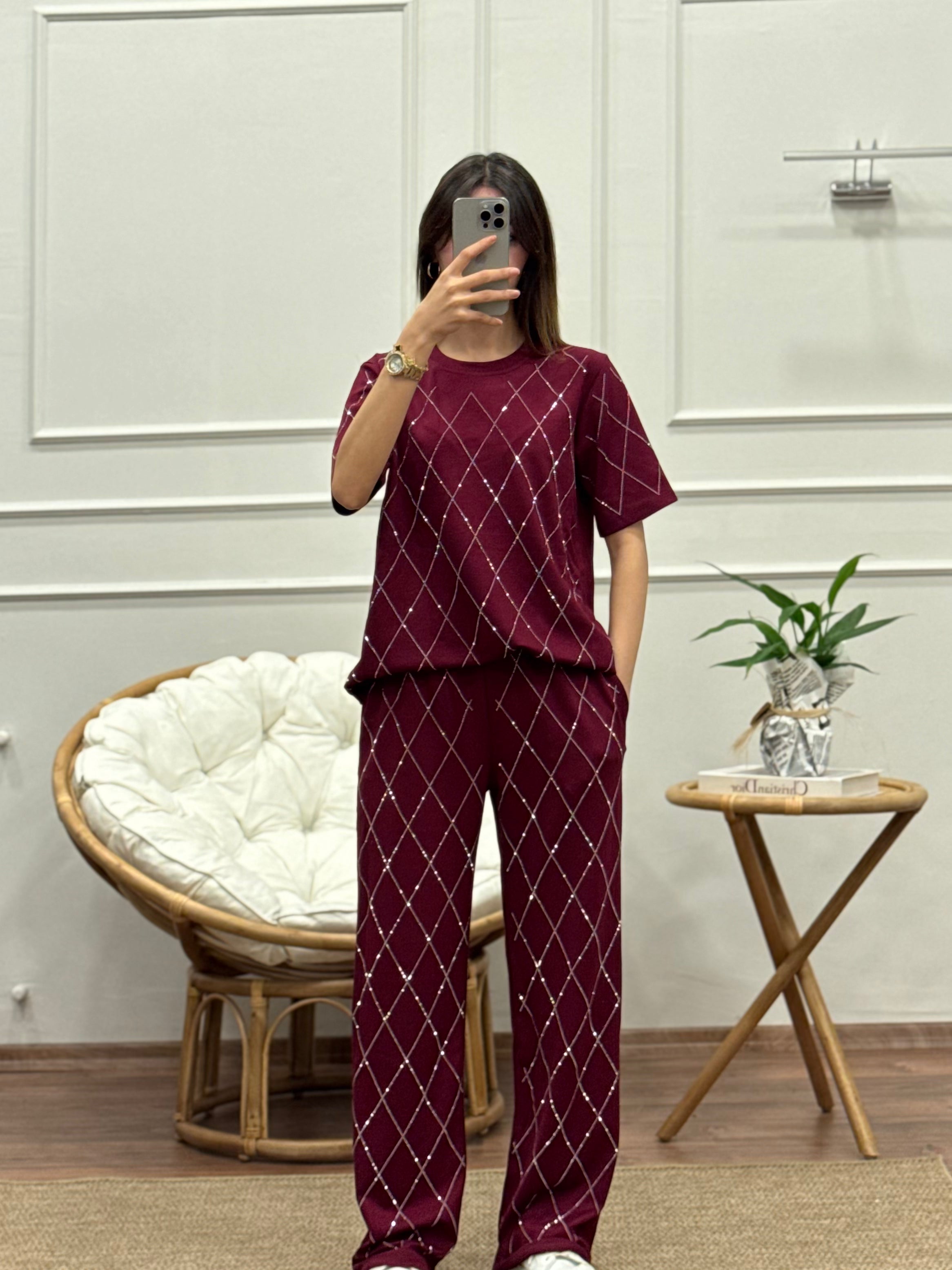 Oys Baklava Desen Taş Baskı Bordo Bluz Pantolon Takım