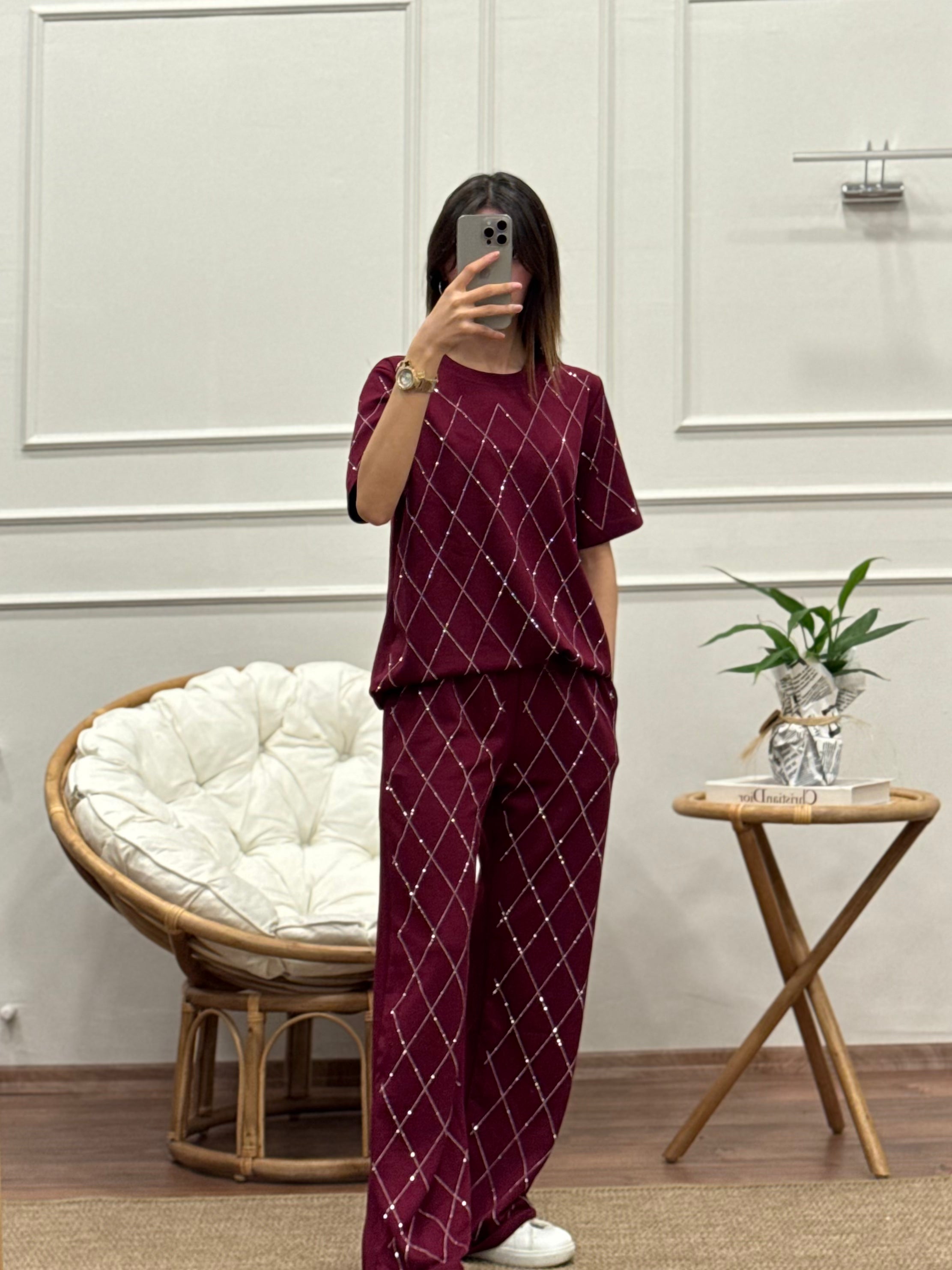 Oys Baklava Desen Taş Baskı Bordo Bluz Pantolon Takım